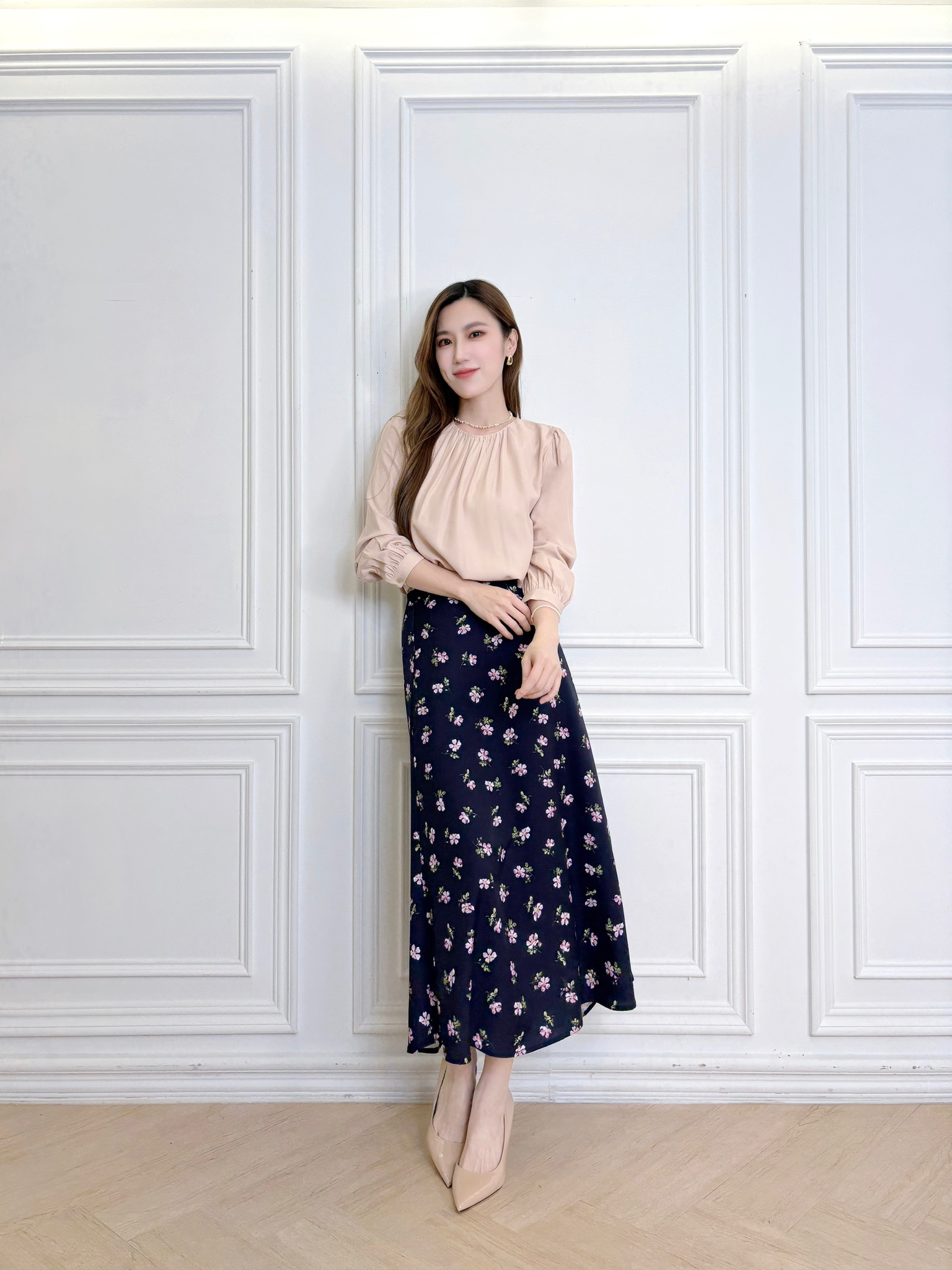 絲光領抓摺長袖上衣