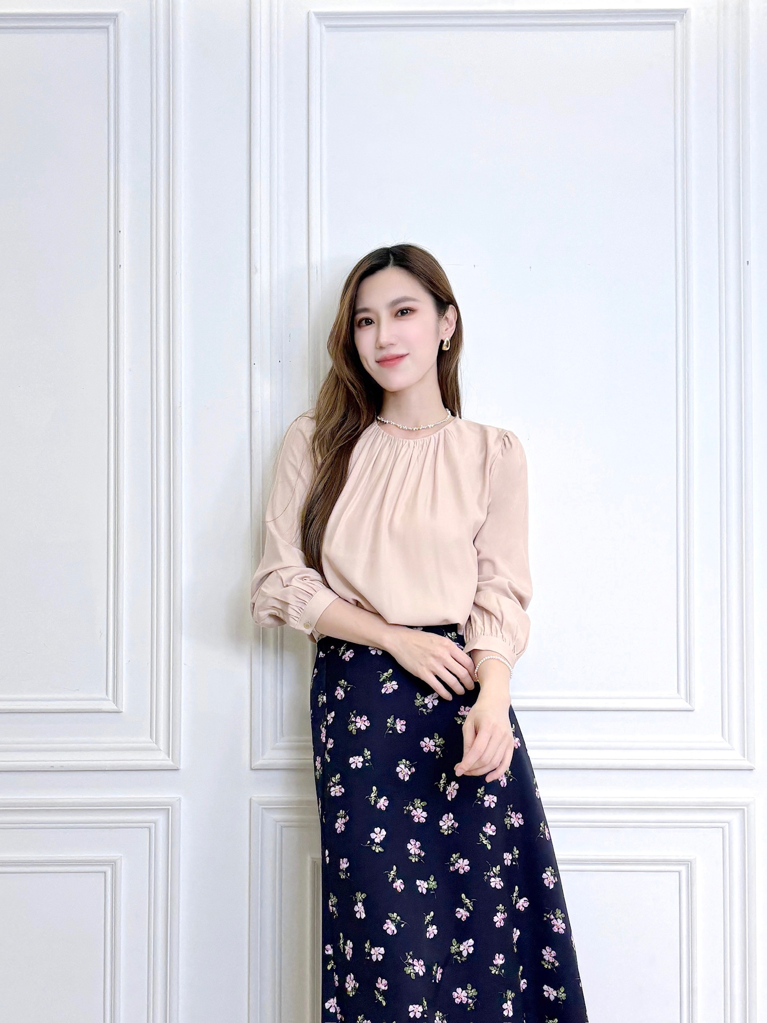 絲光領抓摺長袖上衣