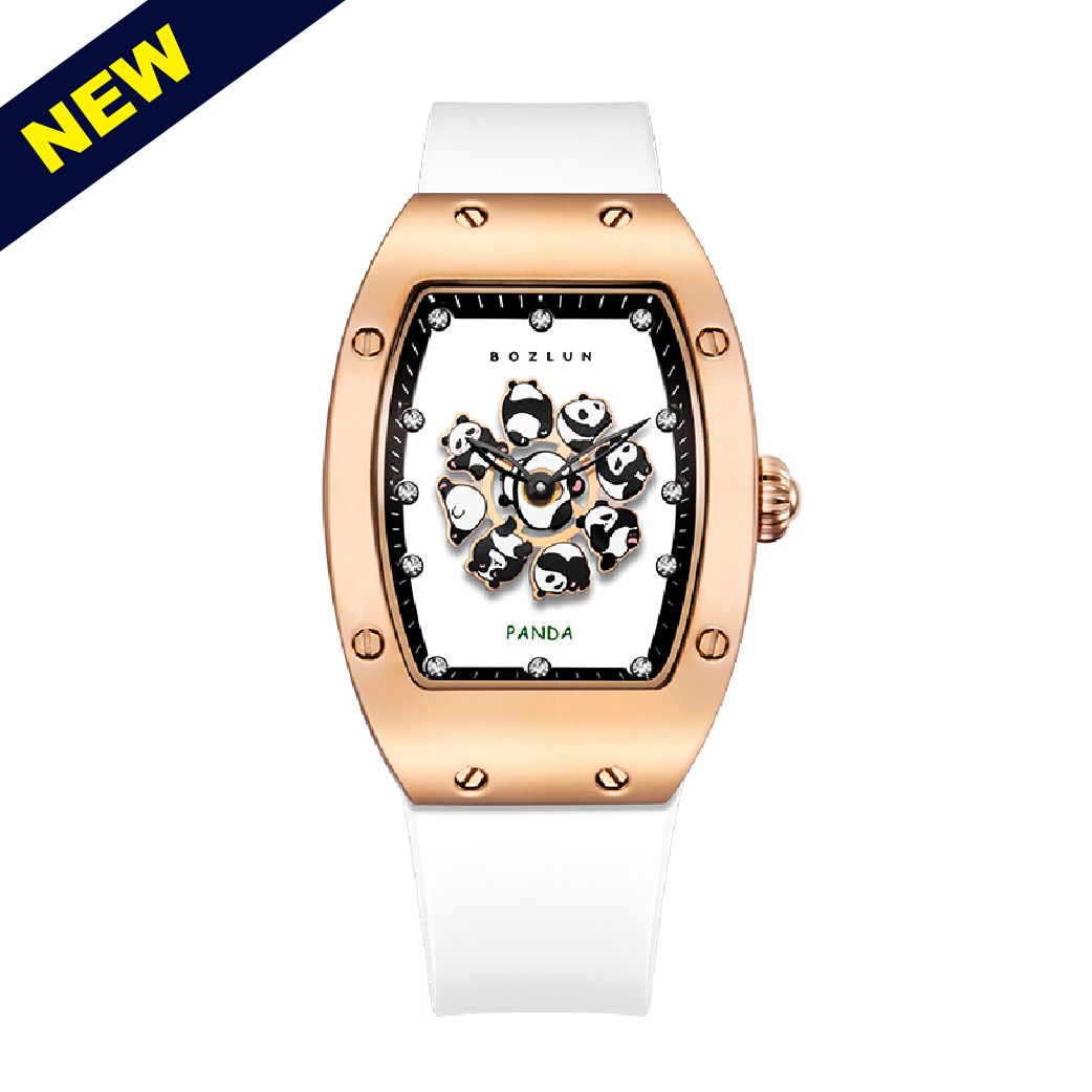 【BOZLUN保羅】BZ-017GO 熊貓 酒桶 晶鑽 時尚 矽膠 石英 手錶