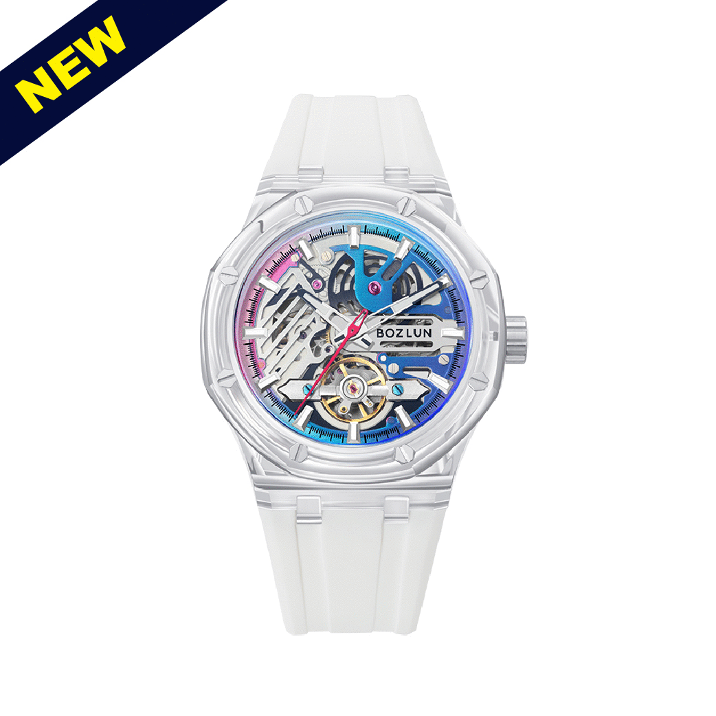 【BOZLUN 保羅】BZ188BU 繽紛 活潑 透殼 夜光 鏤空 矽膠 機械 手錶