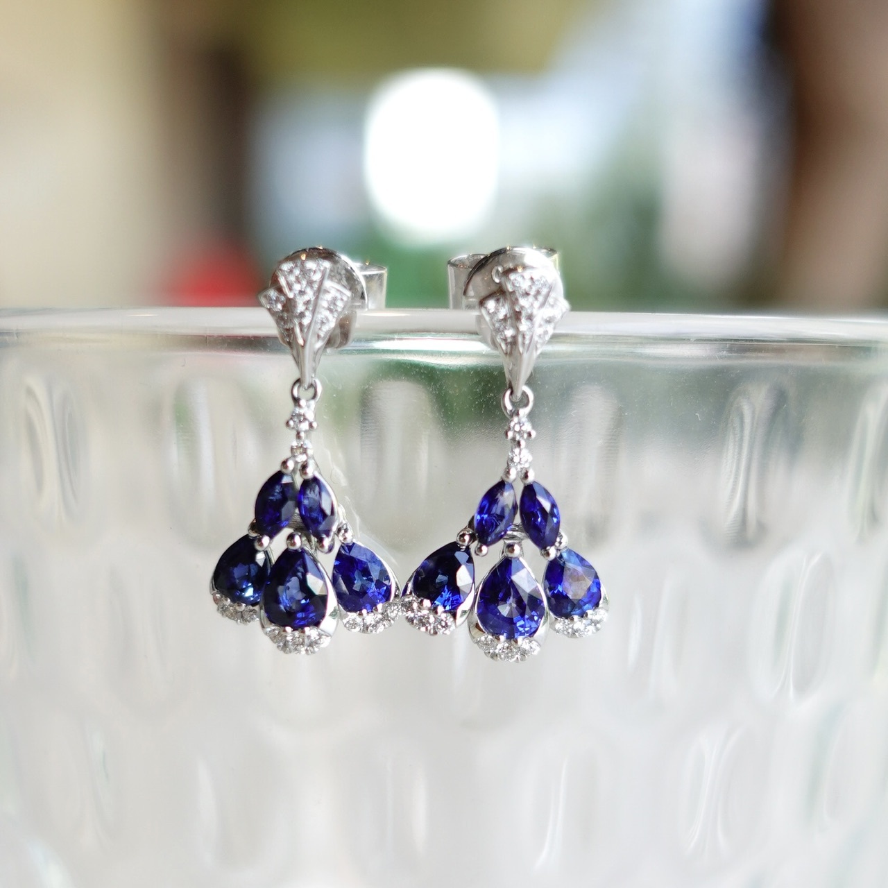 18K金天然藍寶石鑽石耳吊