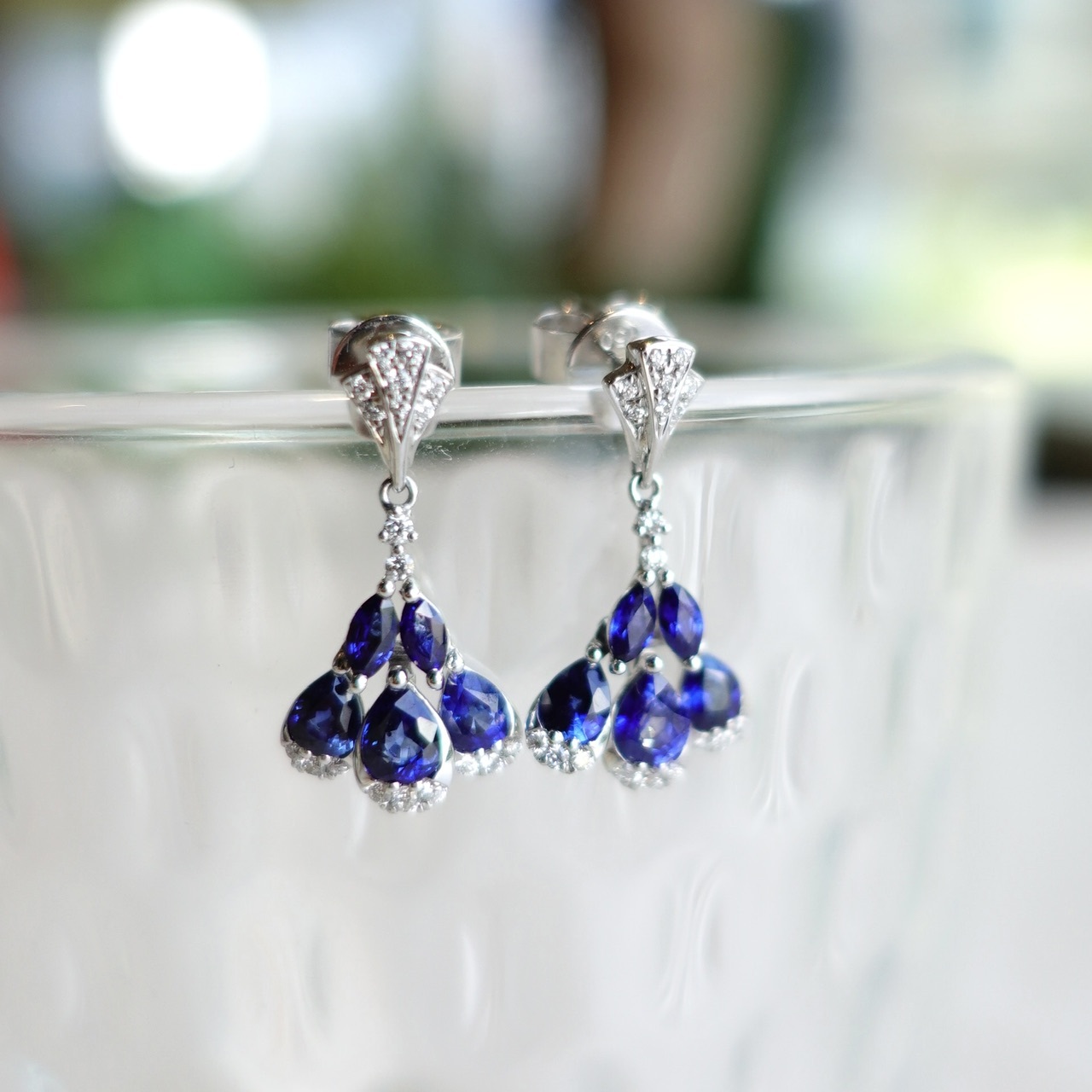 18K金天然藍寶石鑽石耳吊