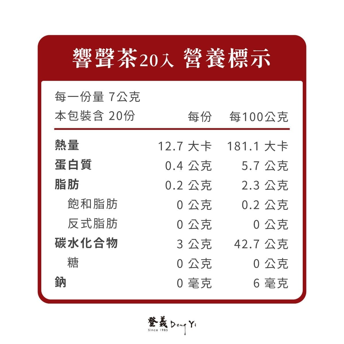 登義響聲茶營養標示