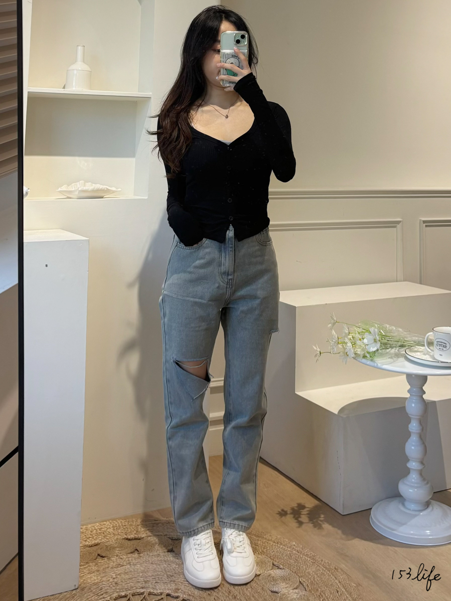 牛仔率性割破直筒長褲(S-XL)