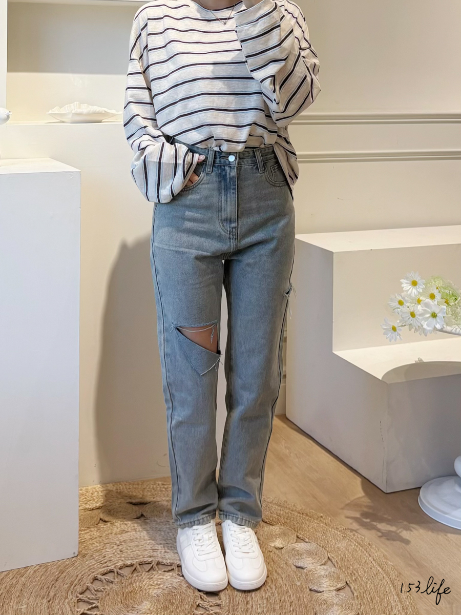 牛仔率性割破直筒長褲(S-XL)