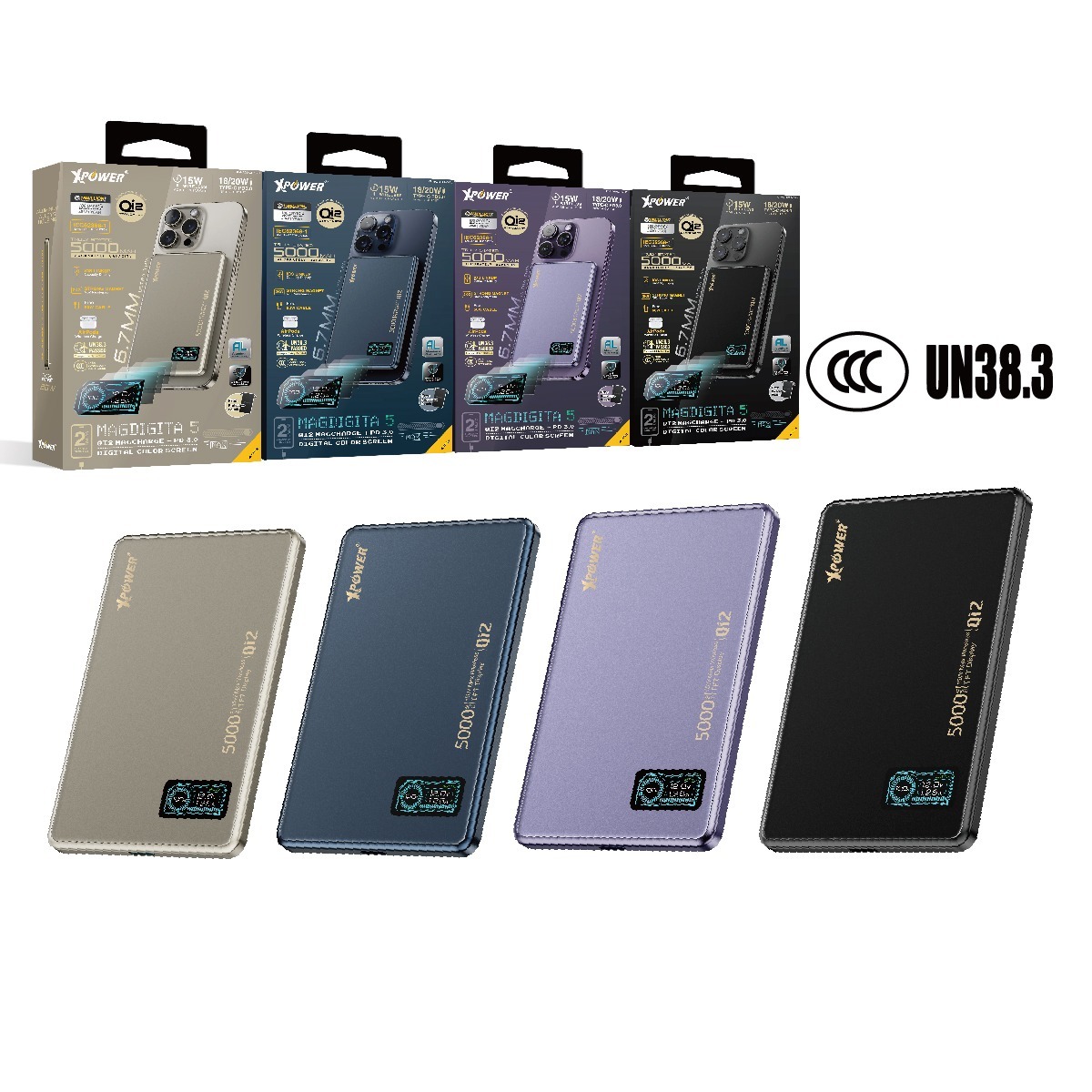 (3C認證版)(磨沙玻璃面)XPower MagDigita5彩屏顯示5000mAh PD3.0+QI2 磁吸移動電源