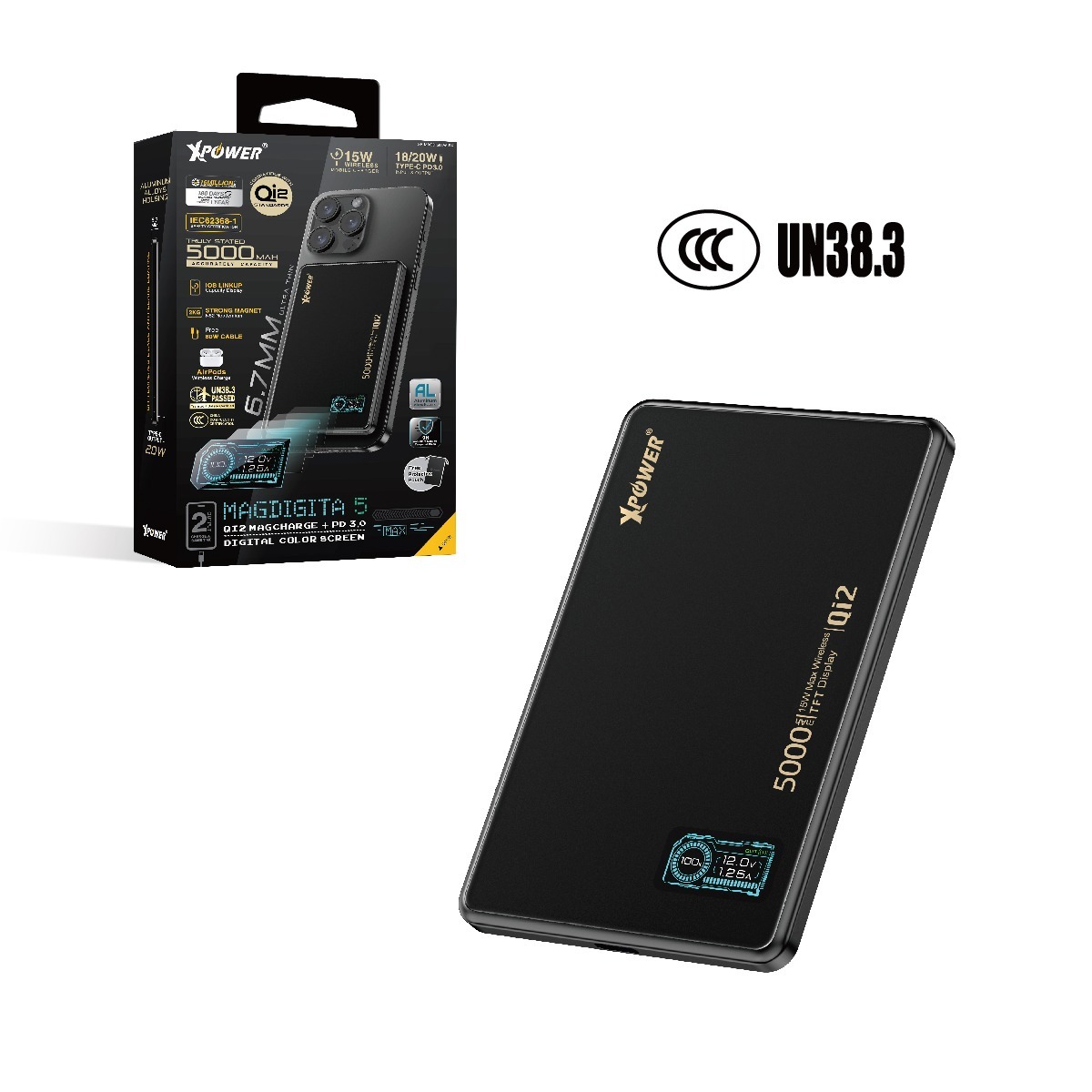 3C)XPower MagDigita5彩屏顯示磨沙玻璃外殼5000mAh磁吸移動源