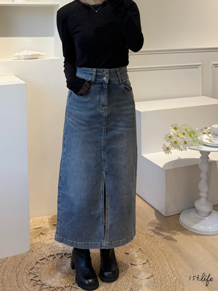 雙釦牛仔拉鍊前開衩長裙(2色)(S-XL)