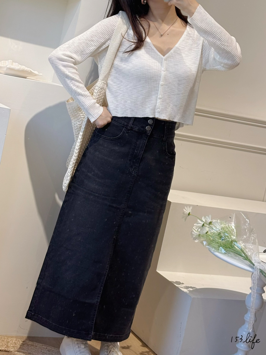 雙釦牛仔拉鍊前開衩長裙(2色)(S-XL)