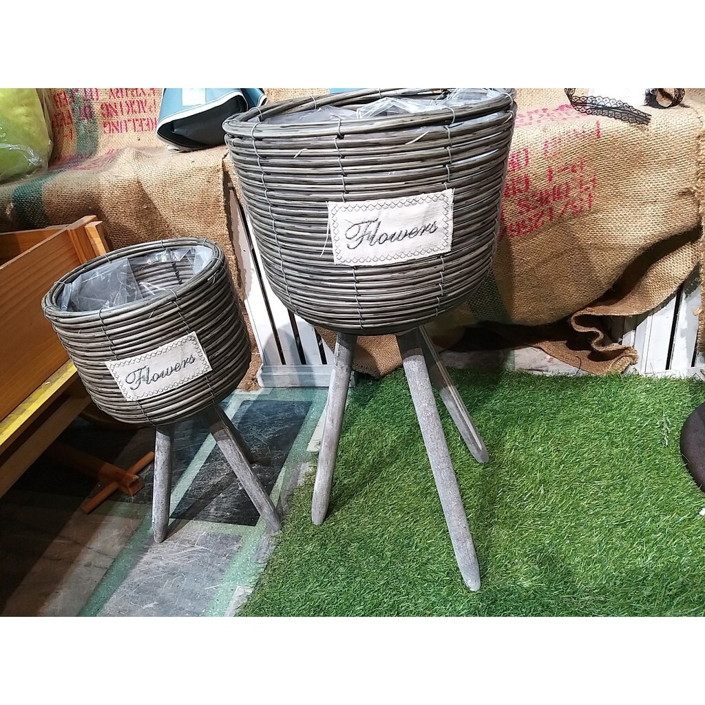 【台灣現貨速發】-鄉村風//19-20高腳圓形竹編籃子花器//花盆//一套大小2件組550元