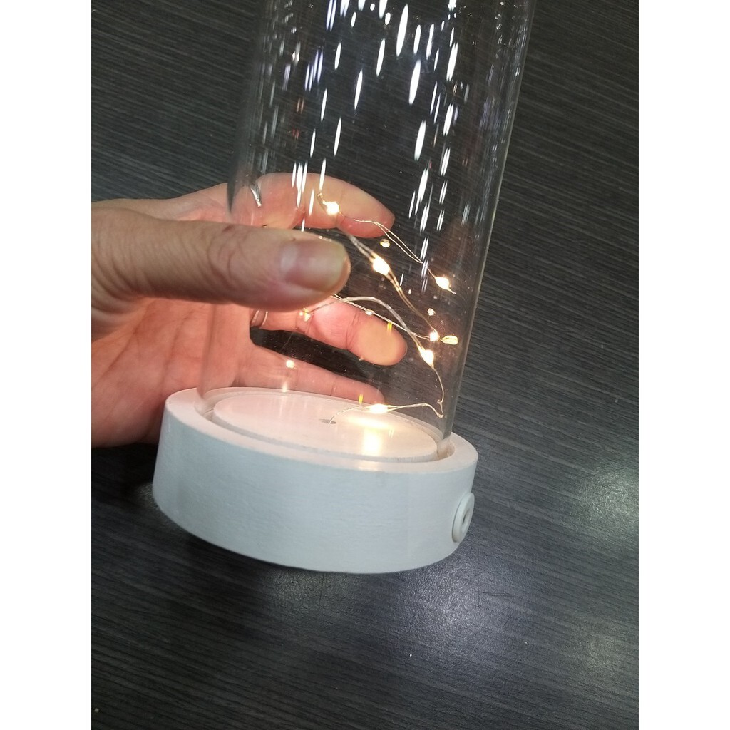 【台灣現貨速發】玻璃罩花器｜黃燈+白圓木底座｜播放天空之城音樂 線燈