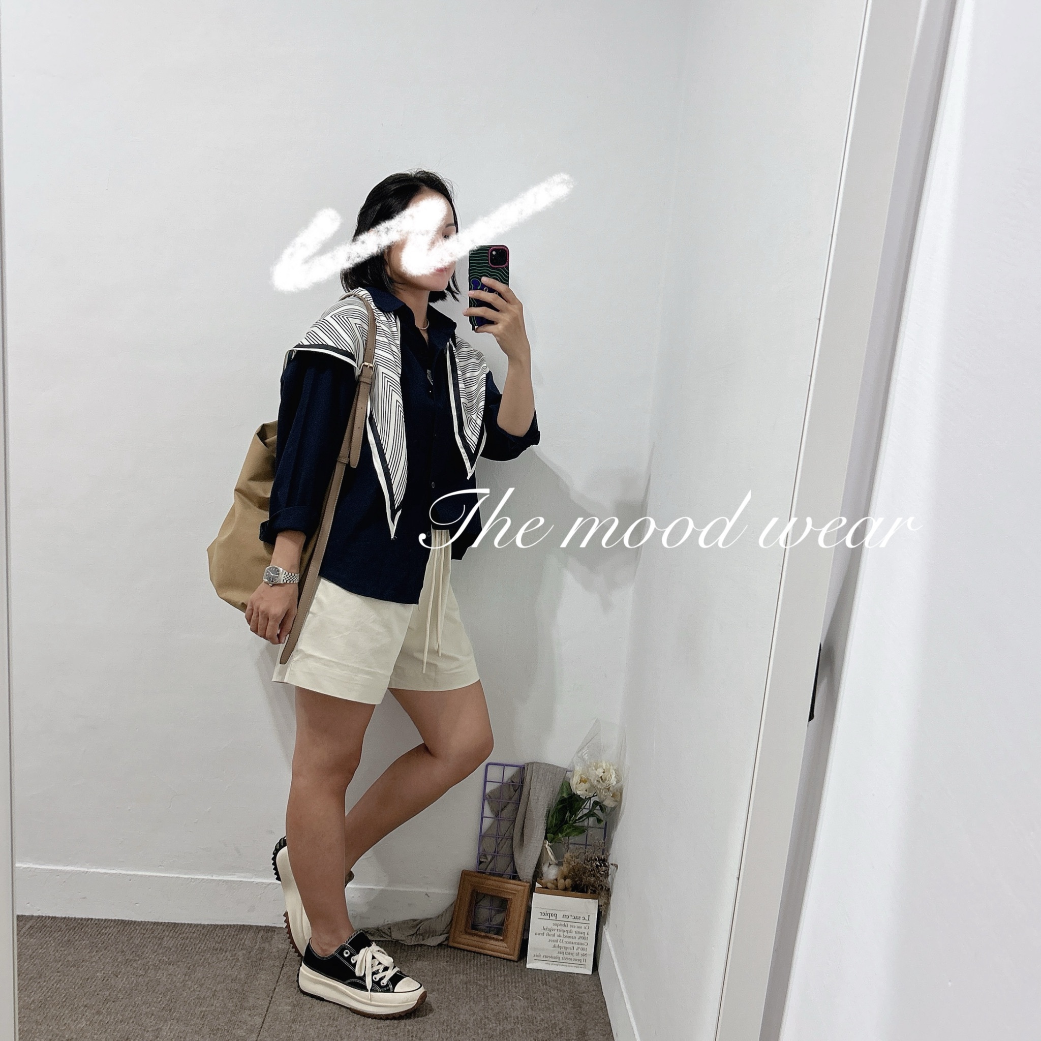 法式大領巾棉麻襯衫 (深藍/白)