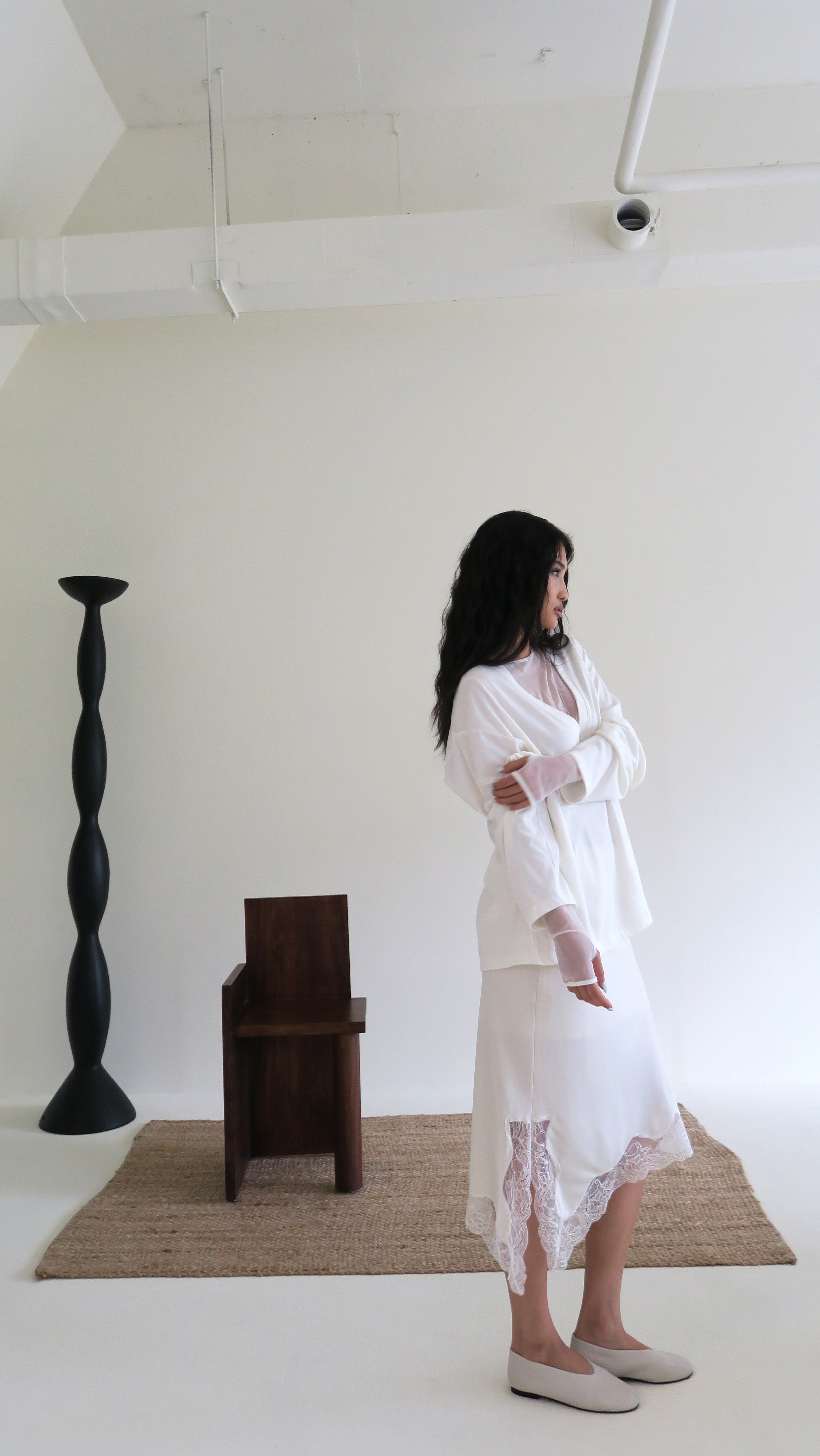 斜下擺拼蕾絲裙