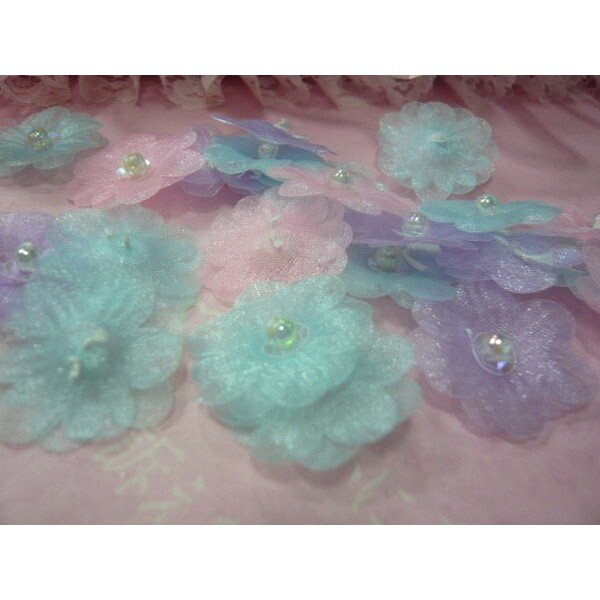 【台灣現貨速發】雙層定型紗質花片+亮片珠花｜一包10朵｜手工藝材料 半透明 材料 手工材料 花朵 珠花