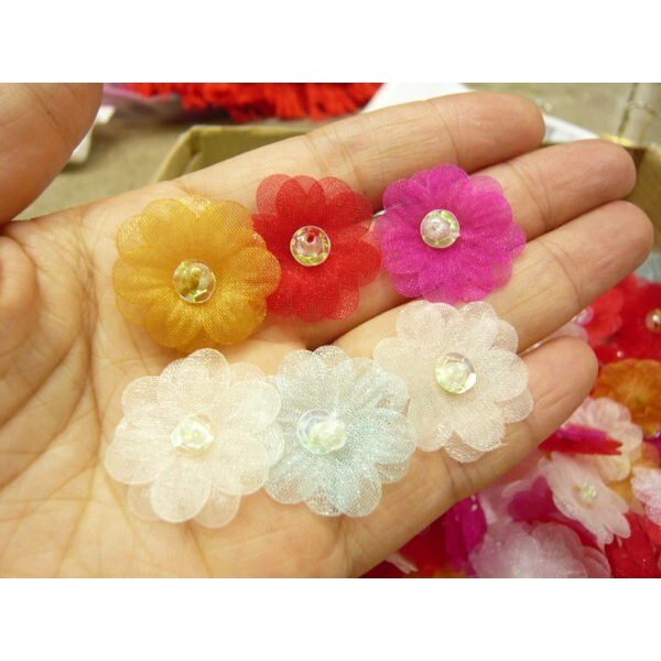 【台灣現貨速發】雙層定型紗質花片+亮片珠花｜一包10朵｜手工藝材料 半透明 材料 手工材料 花朵 珠花