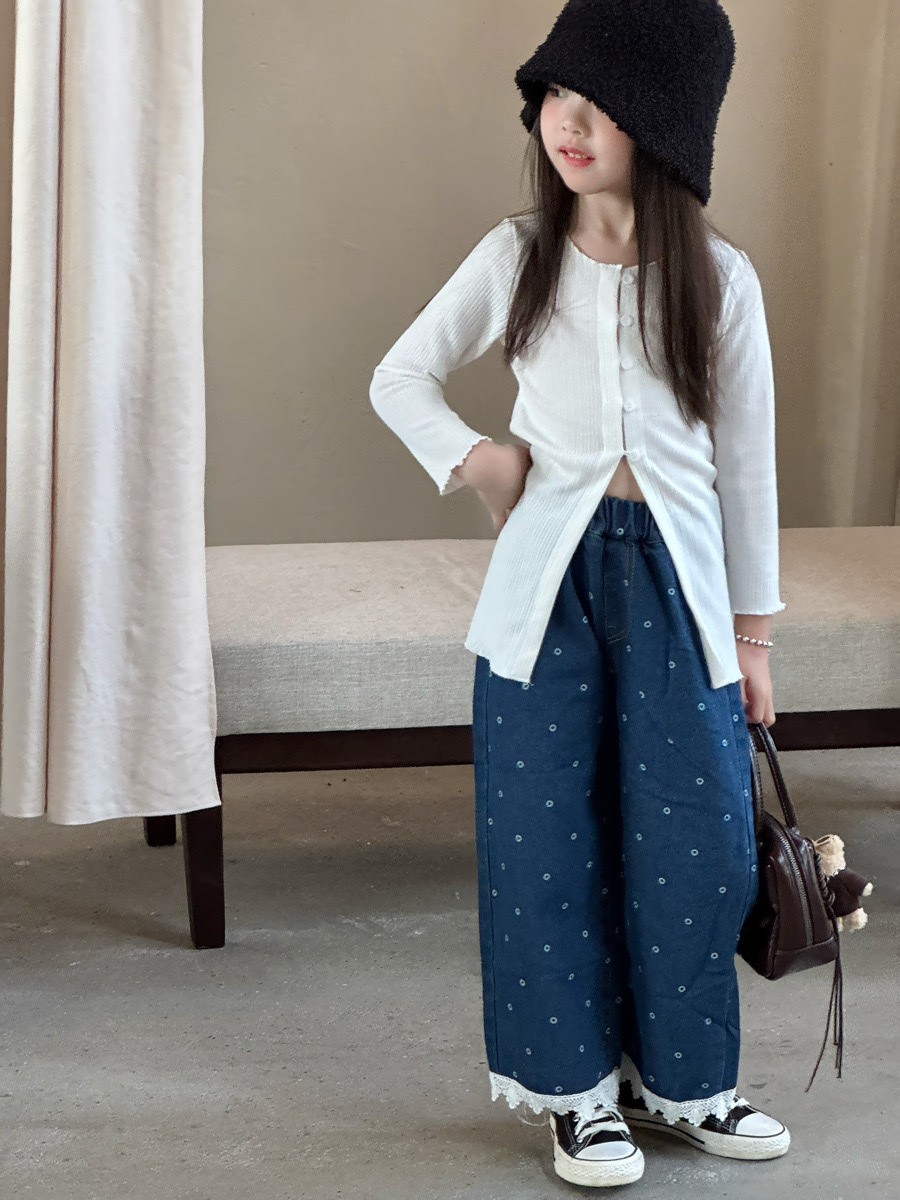 鬆緊圓點拼接蕾絲牛仔褲