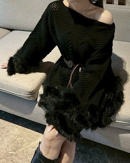 下擺手袖拼接毛毛長版針織上衣洋裝