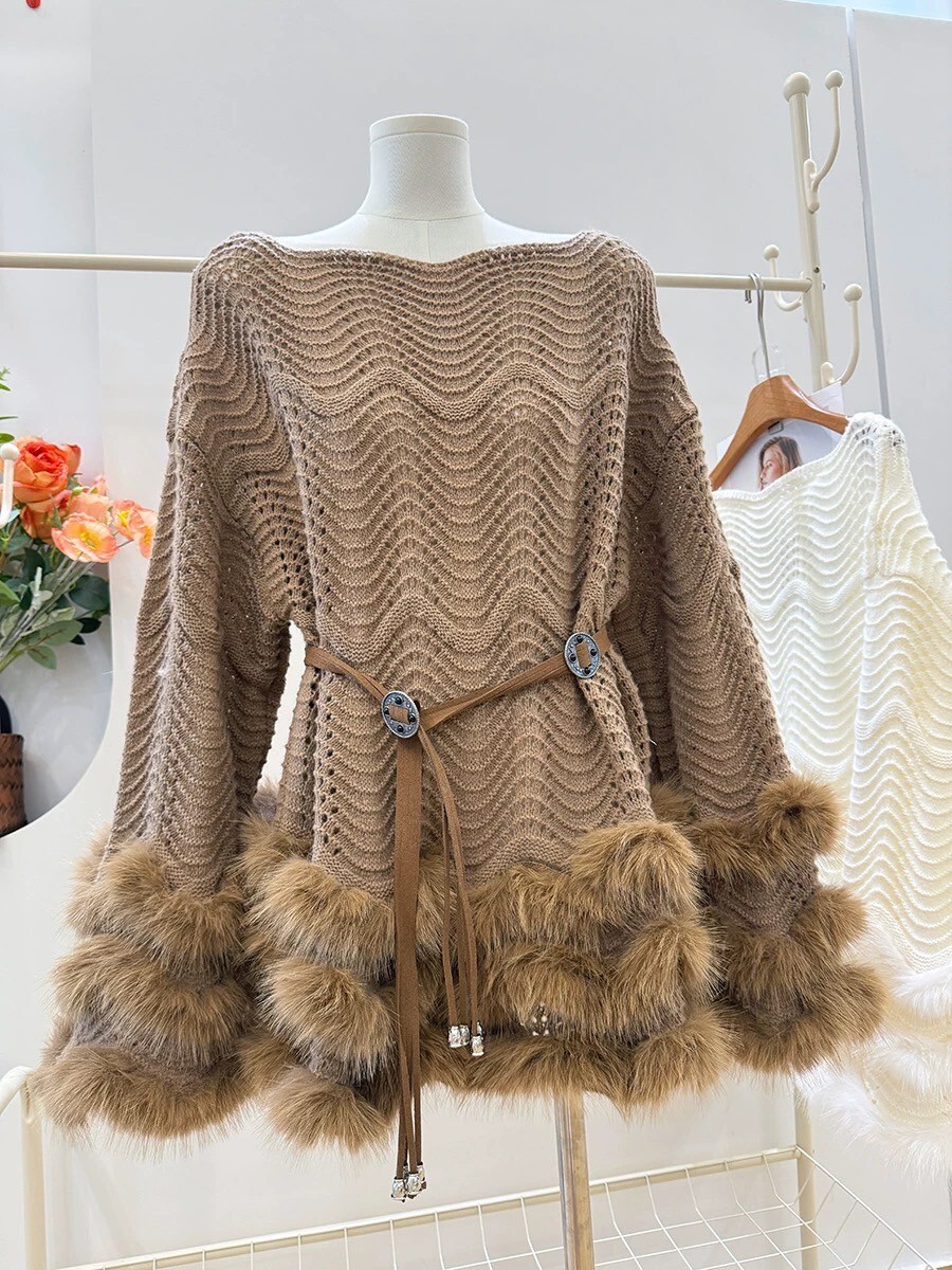 下擺手袖拼接毛毛長版針織上衣洋裝