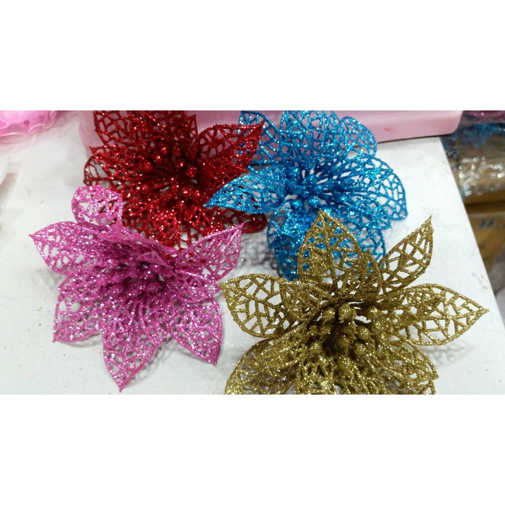 【台灣現貨速發】亮粉聖誕花 聖誕紅｜15元 批發10元｜聖誕節 聖誕花 聖誕
