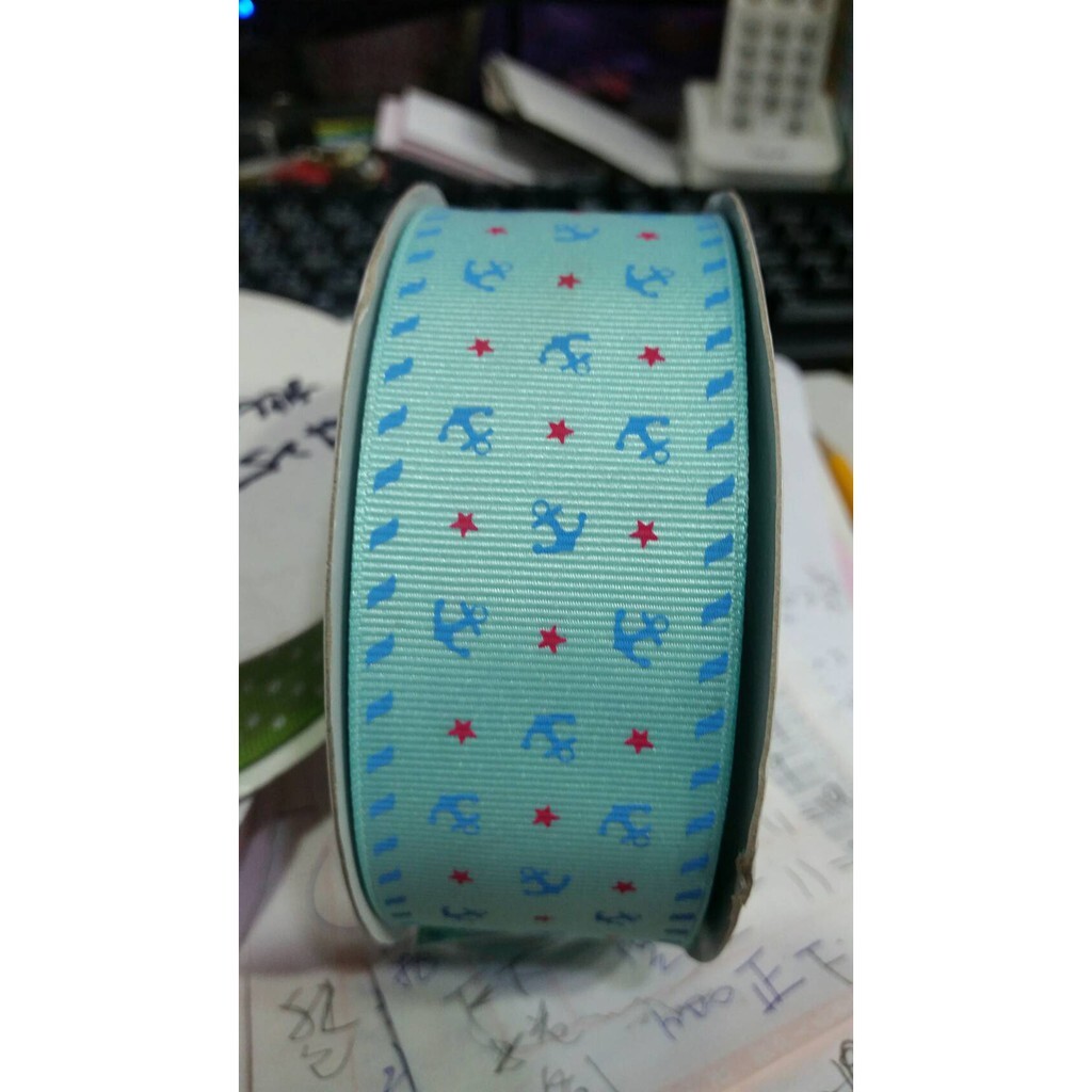【台灣現貨速發】4公分花樣羅紋緞帶 淺藍船錨｜1捲25碼 180元｜緞帶 秀士羅紋緞帶 包裝材料