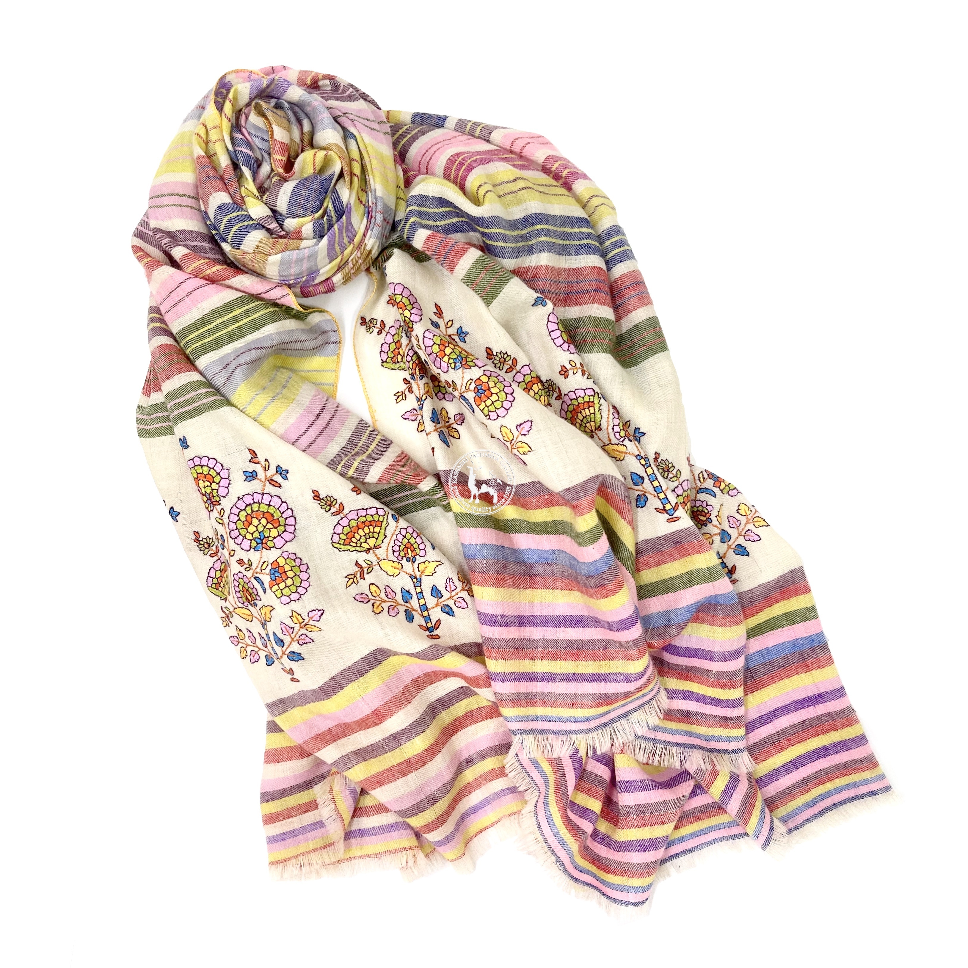 七色卡尼條紋圖案索茲尼刺繡羊絨圍巾