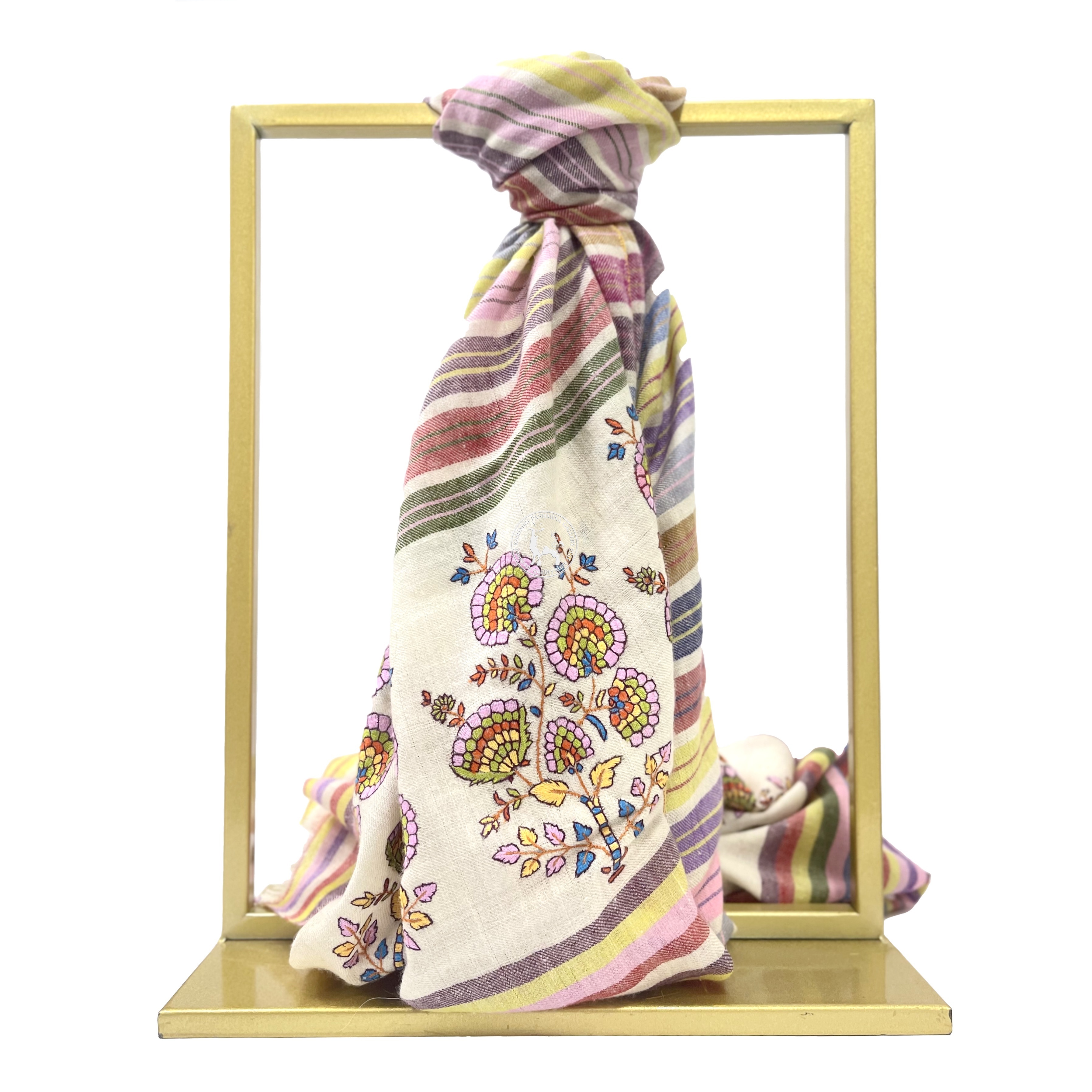 七色卡尼條紋圖案索茲尼刺繡羊絨圍巾