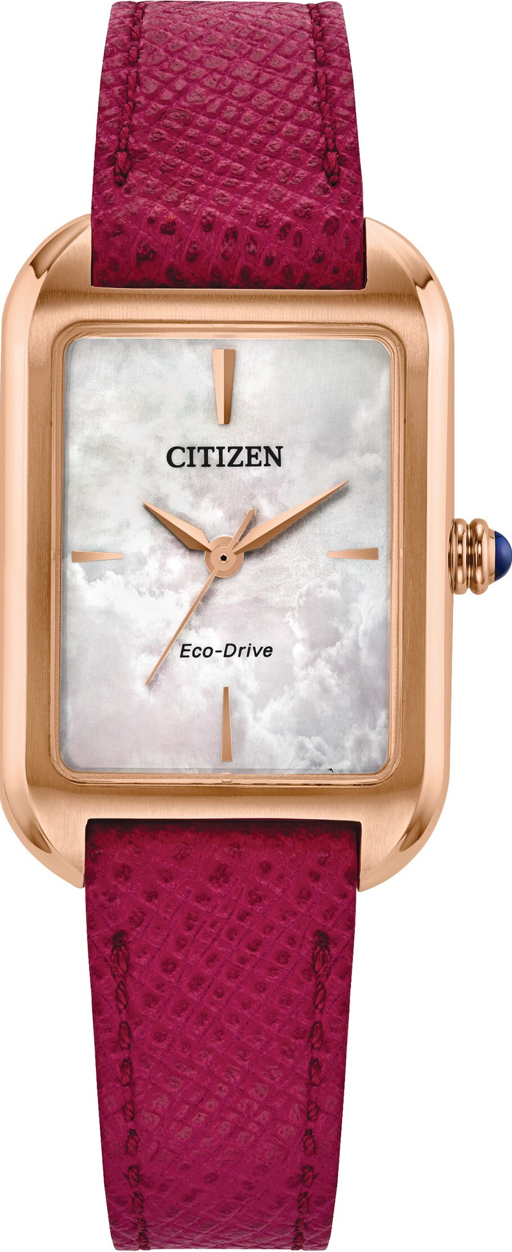 萬年鐘錶 - Citizen 星辰錶  L系列  珍珠貝方形光動能皮革款女錶 EM1193-08D  錶徑23.5MM