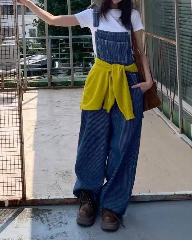 直紋丹寧吊帶褲