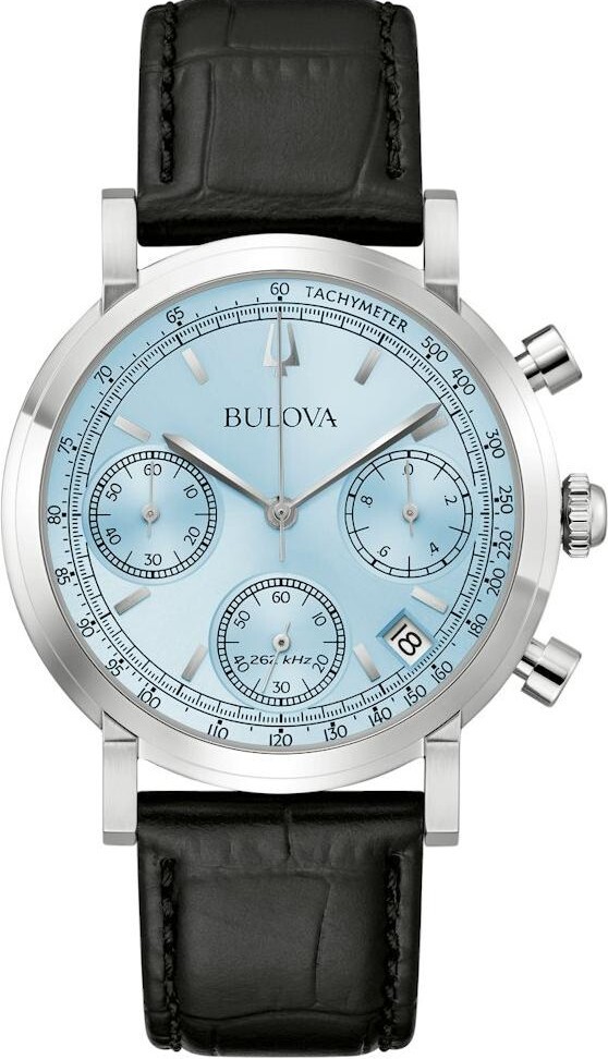 萬年鐘錶 - BULOVA 寶路華   天空藍三眼計時經典皮革男錶 96B456  錶徑39MM