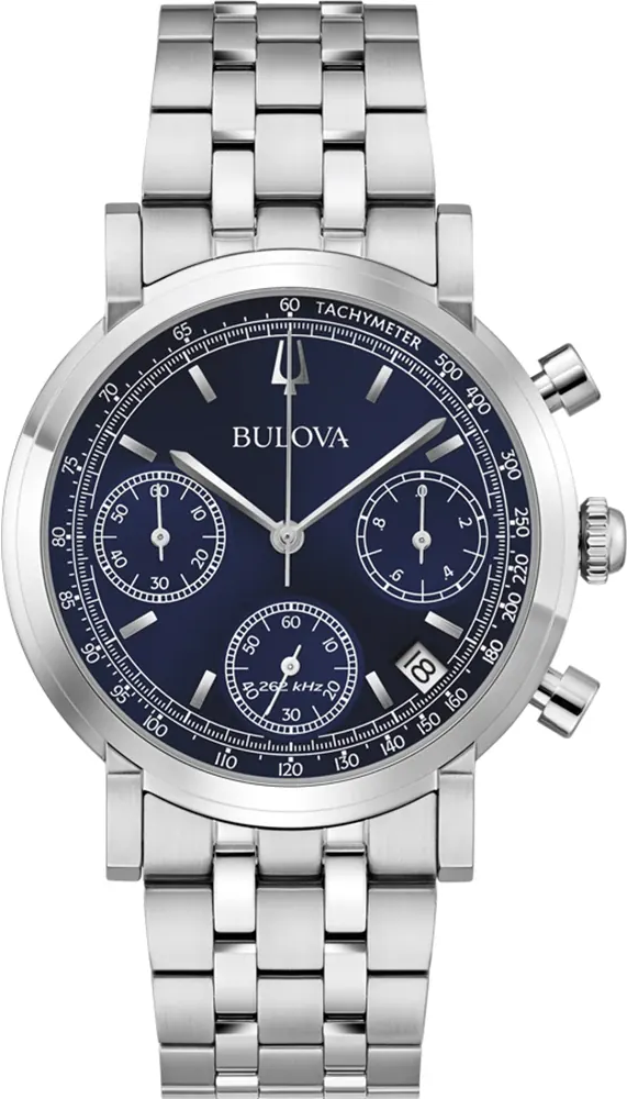 萬年鐘錶 - BULOVA 寶路華   藍色面盤高精準石英三眼計時經典不鏽鋼男錶 96B458 錶徑39MM