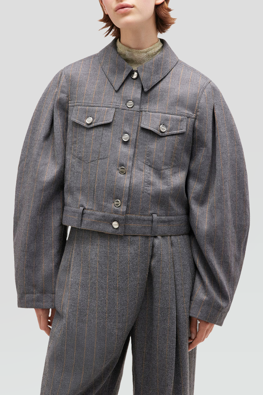 GANNI｜WOOL 弧形袖條紋短版外套