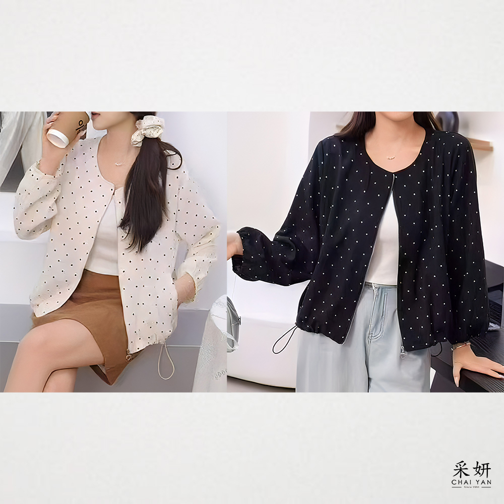 跳色波點圓領長袖外套