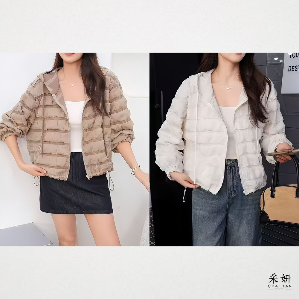 立體紋理皺褶條紋短版連帽外套