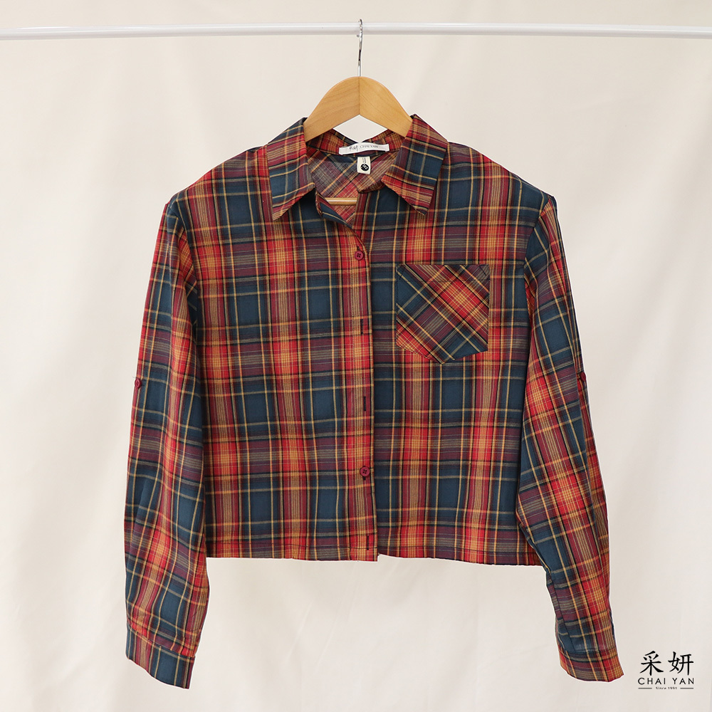 復古風格紋單口袋長袖襯衫上衣