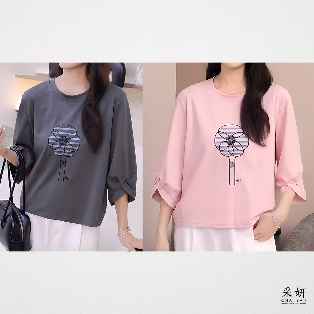 花朵微立體刺繡滑棉圓領七分袖上衣