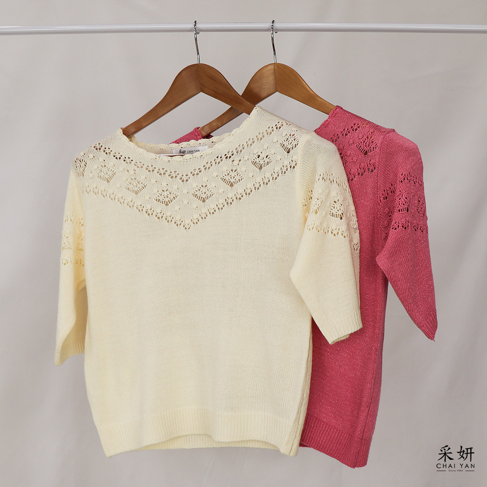 V型簍空編織針織圓領半袖上衣