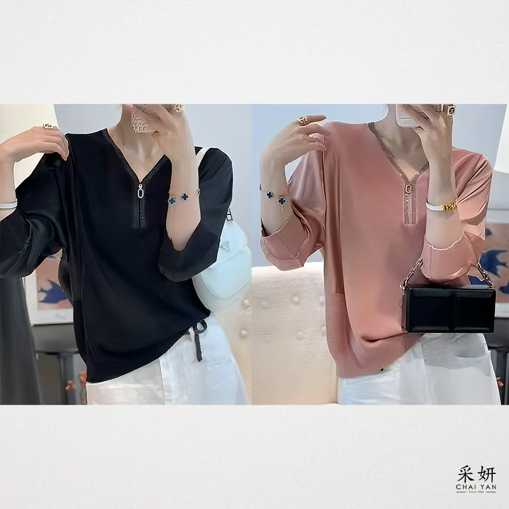 無肩線氣質異材質拼接V領半袖上衣