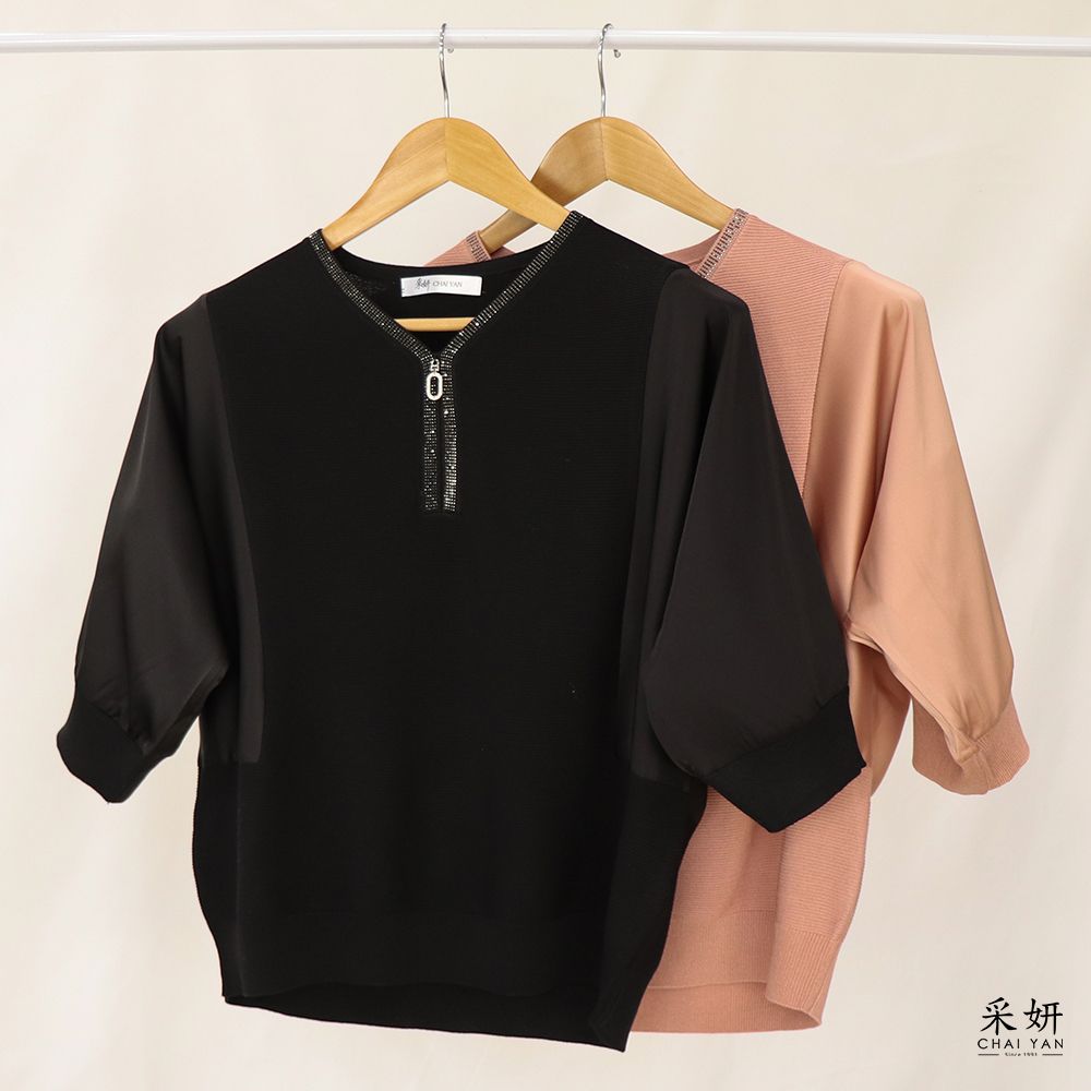 無肩線氣質異材質拼接V領半袖上衣