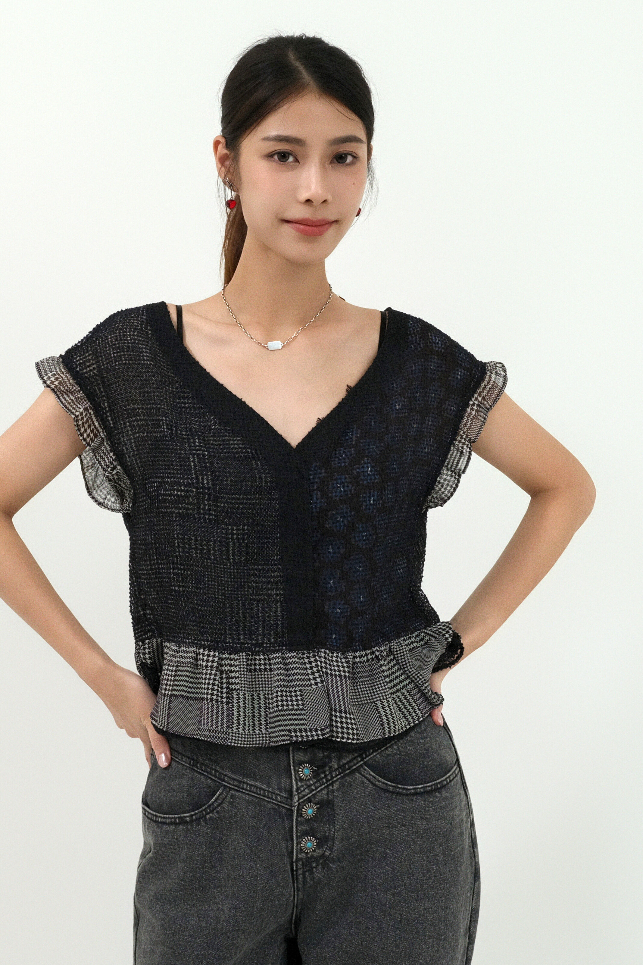 網面千鳥花花拼布上衣 (預購產品）