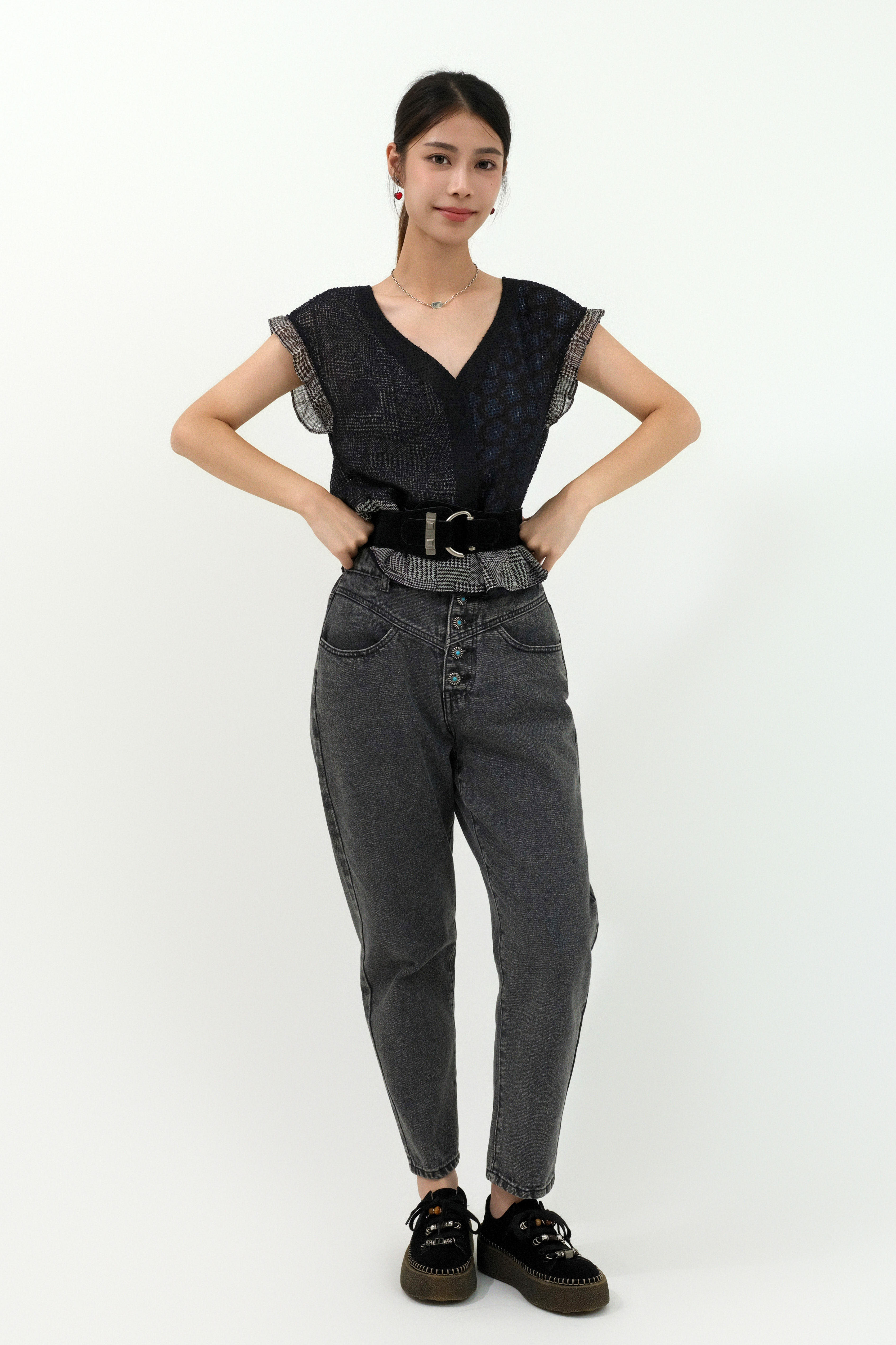 網面千鳥花花拼布上衣 (預購產品）