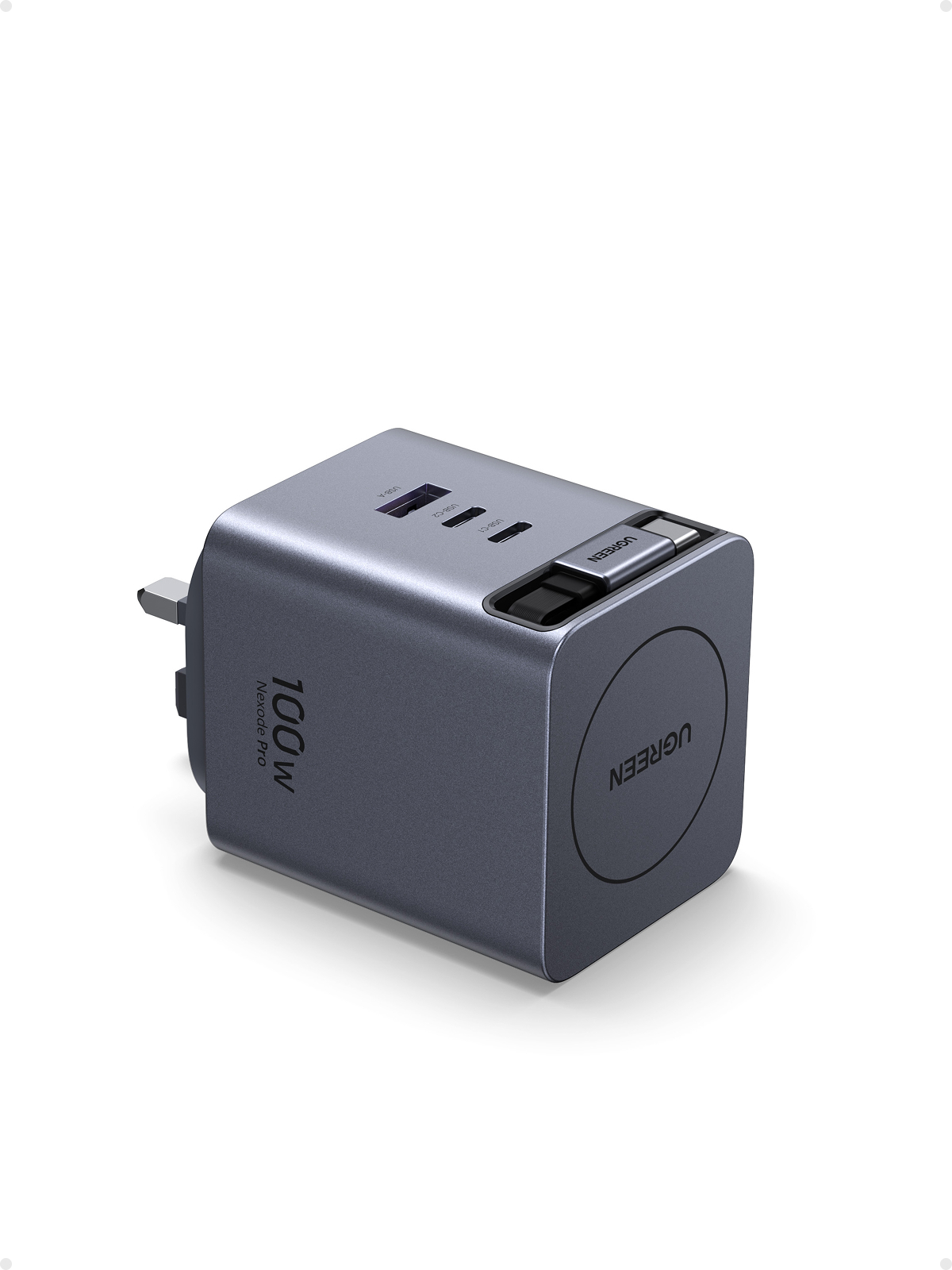 UGREEN 綠聯 - Nexode Pro 100W 2xUSB-C + 1xUSB-A GaN 快速充電器, 內置Type-C 伸縮線  (香港插頭, 原廠行貨)  65829-X616