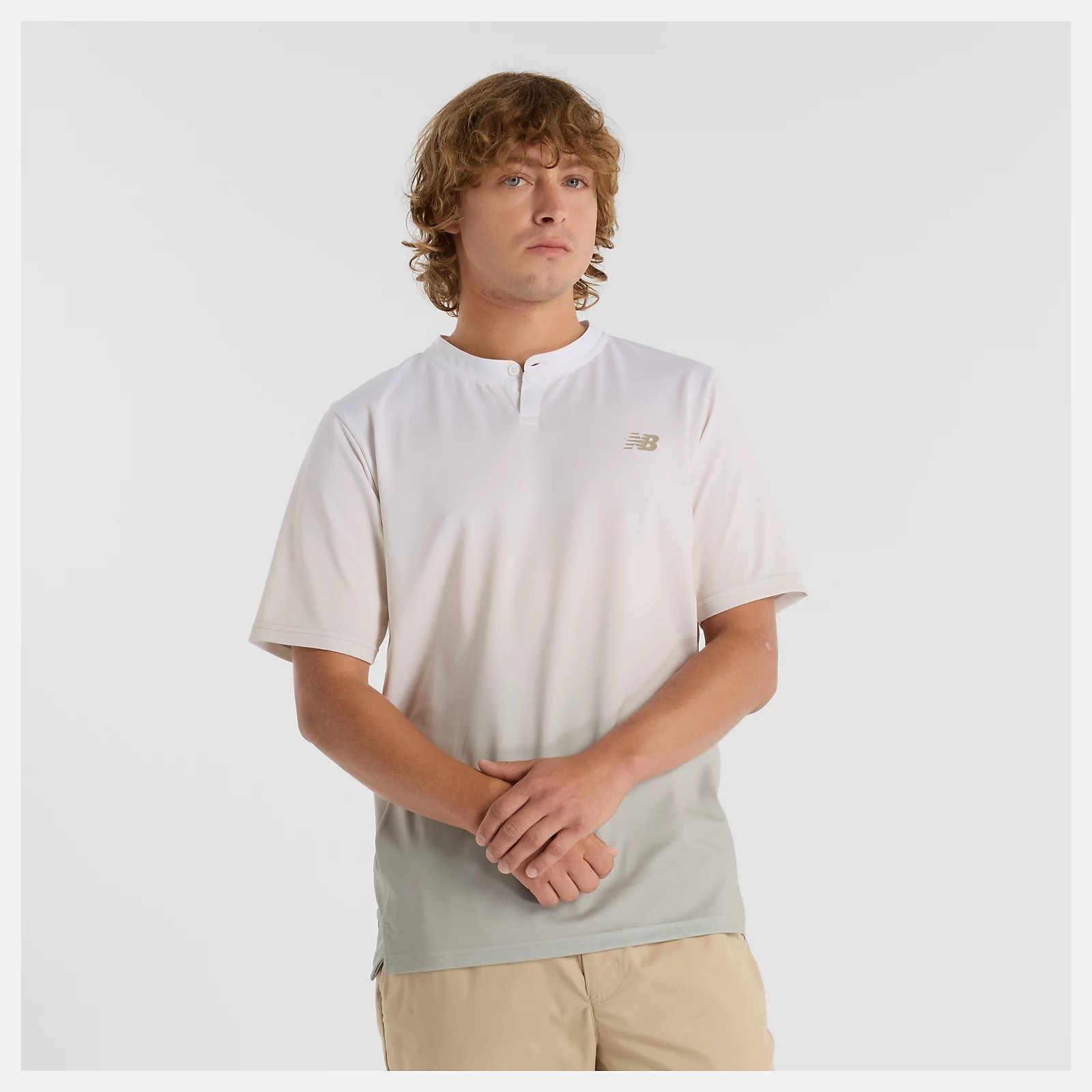 NEW BALANCE 短T NB 杏綠漸層 鈕扣 速乾 運動短袖 男 MT41406LIN