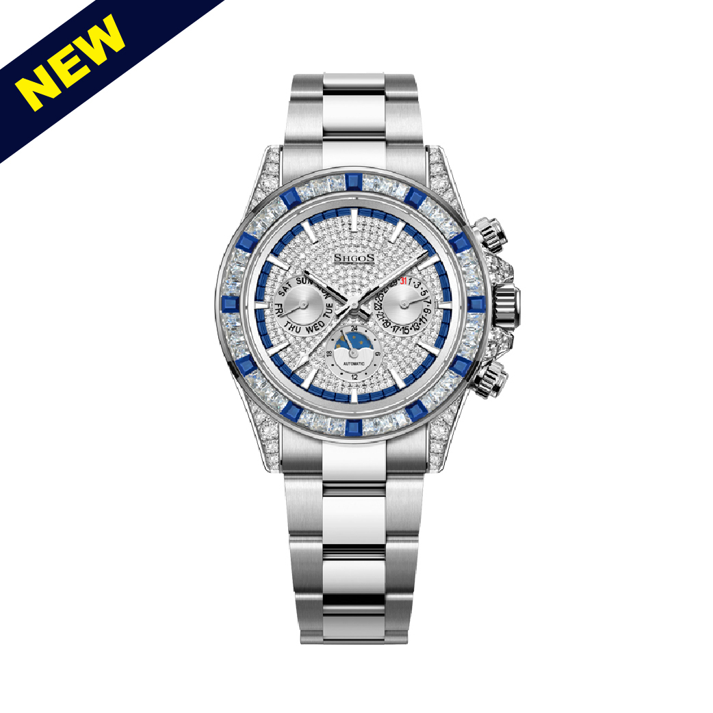 【SHGOS 羅格斯】SG-A48 满天星系列 冰藍極光 日月星辰 三眼 夜光 機械 手錶