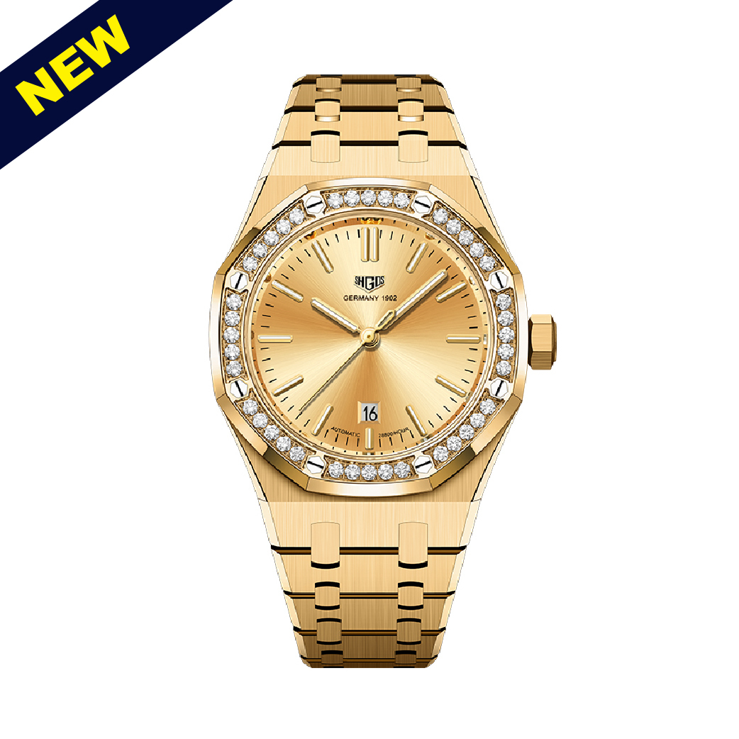 【SHGOS 羅格斯】SG-A36 皇家金橡樹系列 表面黃金 日期顯示 夜光 晶鑽 鏤空 機械 手錶