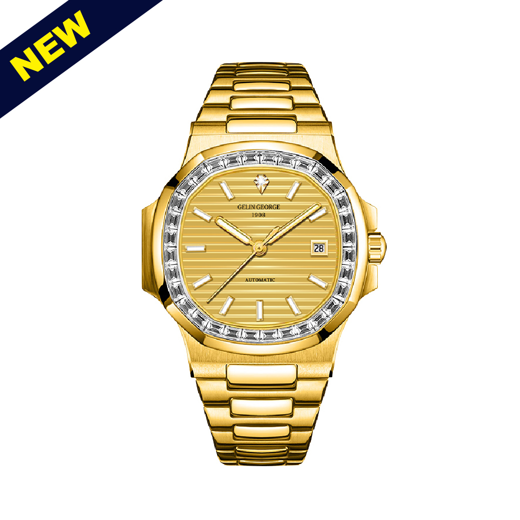 【GELIN GEORGE 格林喬治】GL-601 限量 錶殼錶帶表面黃金 晶鑽/真鑽 瑞士機械 夜光 不鏽鋼 手錶