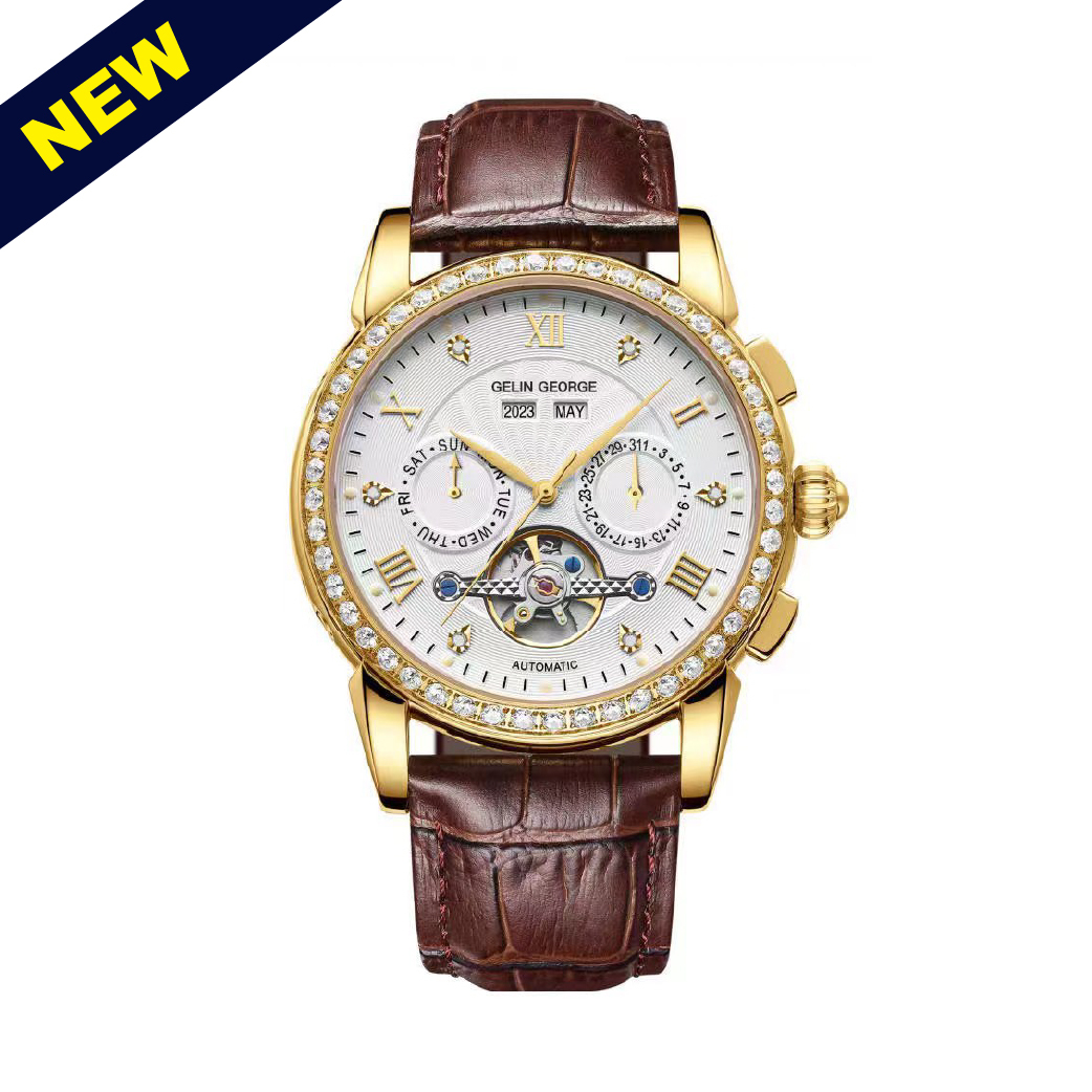 【GELIN GEORGE 格林喬治】王者風範系列 GL-607 限量 錶殼錶扣表面黃金 機械 真兩眼 皮革 手錶
