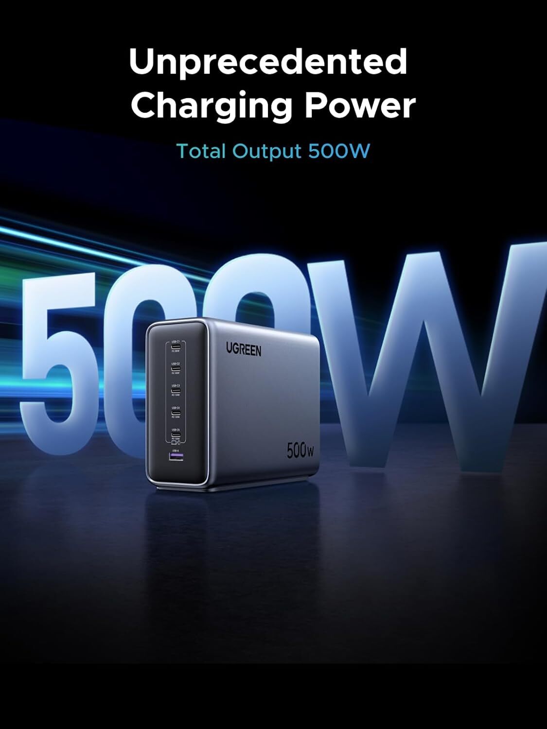 UGREEN 綠聯 55551B Nexode 500W USB C 充電器 6 連接埠 GaN 桌上型充電器 (香港插頭, 原廠行貨) X759