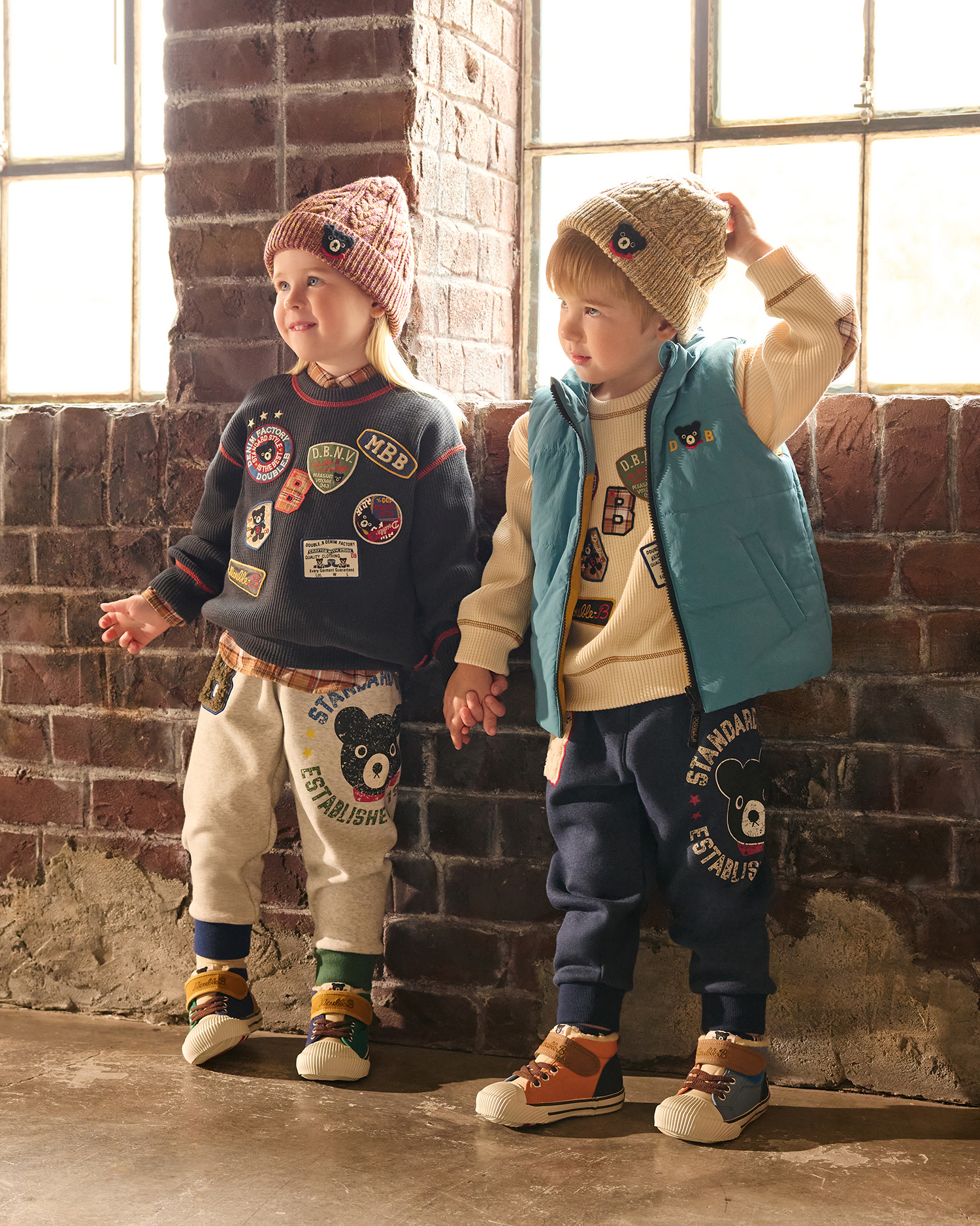 DOUBLE_B 做舊印花長絨毛保暖褲-灰色