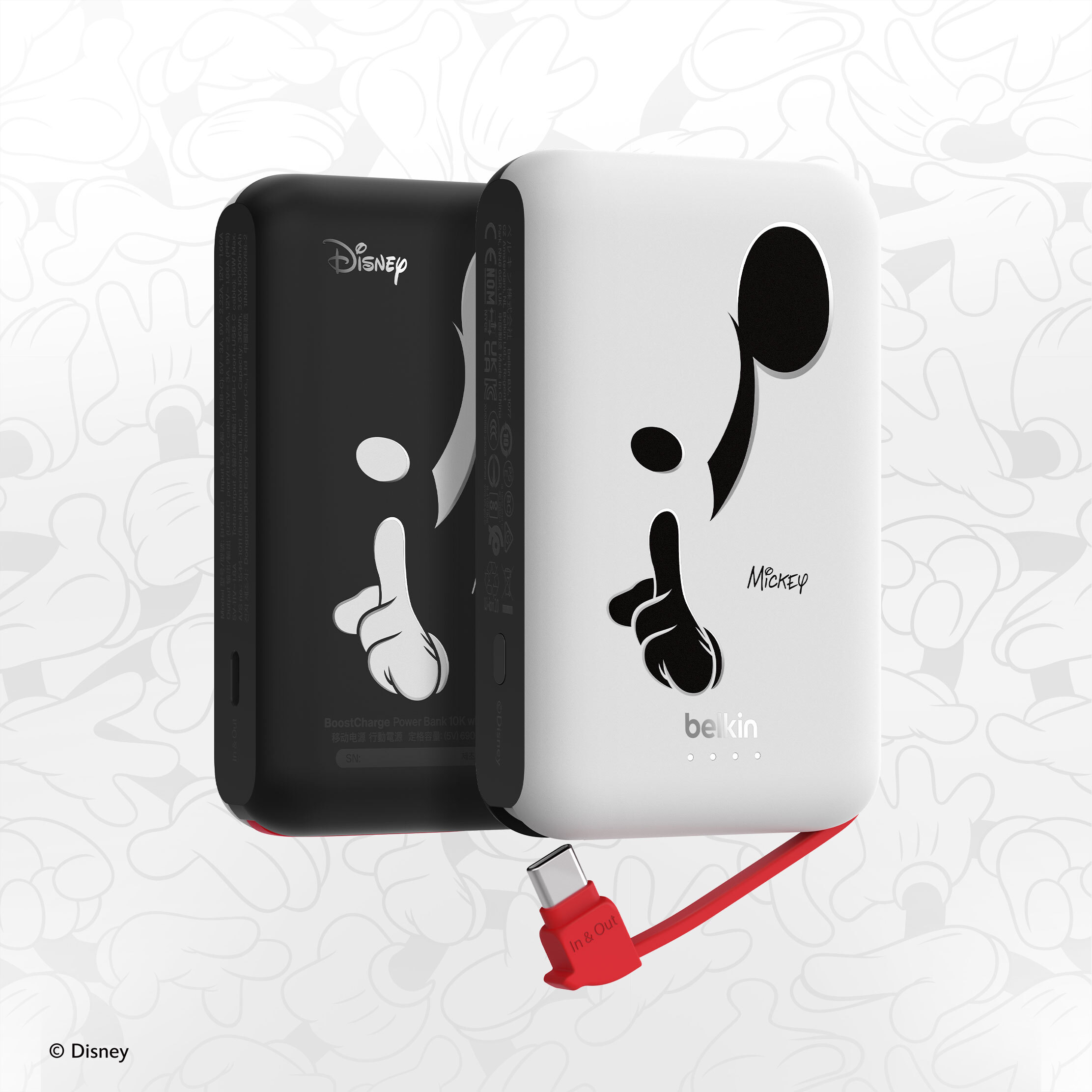 BoostCharge 便攜式行動電源 10K + 內置USB-C充電線 (米奇, 黑白色, 迪士尼系列)