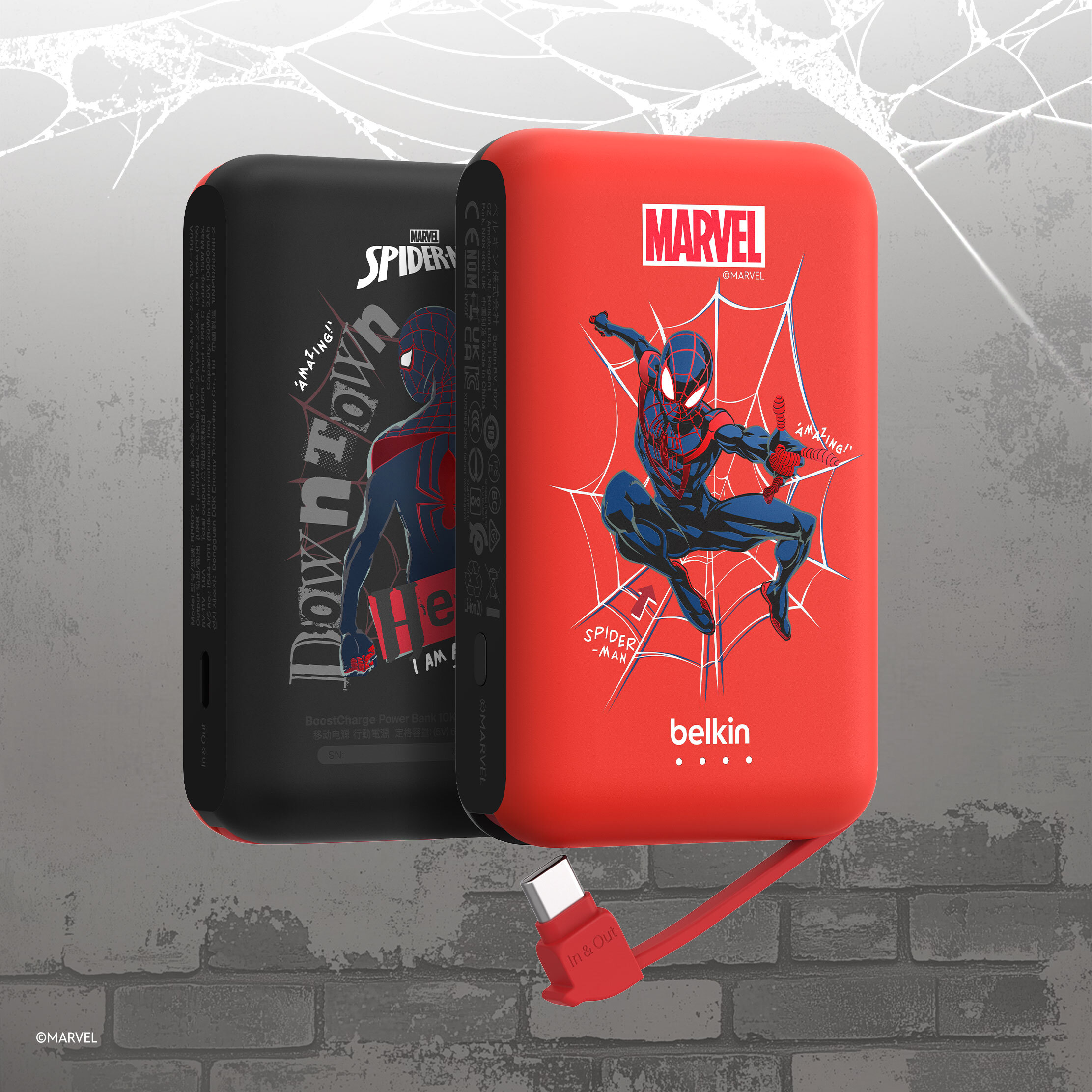 BoostCharge 便攜式行動電源 10K + 內置 USB-C 充電線 (蜘蛛俠, Marvel 系列)